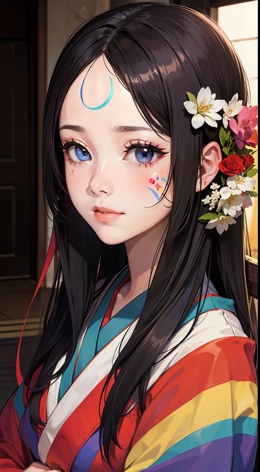 1girl,Lovely,Light and shadow,(Rainbow on the tip of the nose:1.1),(Rainbow on the face:1.3),(Japanese Furniture:0.9),Sunshine,Half-body,Depth of field,Top light,Light and shadow delicate,Flowers,Rainbow,