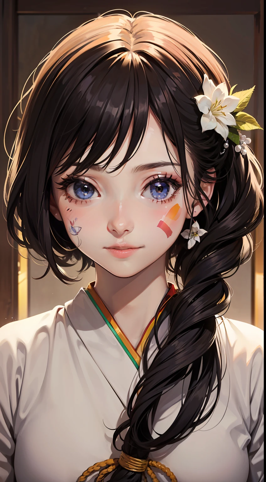 1girl,Lovely,Light and shadow,(Rainbow on the tip of the nose:1.1),(Rainbow on the face:1.3),(Japanese Furniture:0.9),Sunshine,Half-body,Depth of field,Top light,Light and shadow delicate,Flowers,Rainbow,