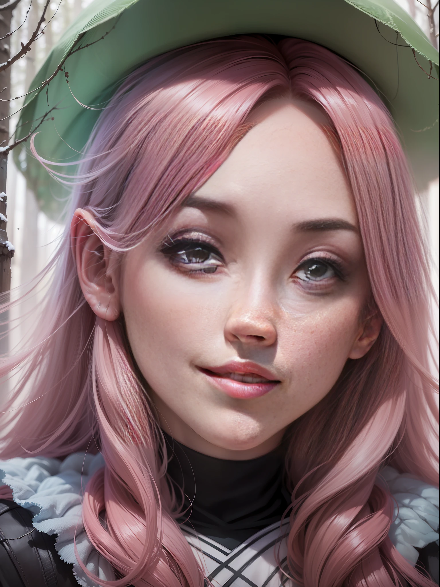 (((a Woman in the surreal dream landscape))), a pink forest in the foreground, surreal, frozen landscape, pink forest, joong keun lee, brown hair, grin, digital art, close-up, Realism, Fujicolor, viewfinder, Fujifilm, 8k, masterpiece, retina, anatomically correct