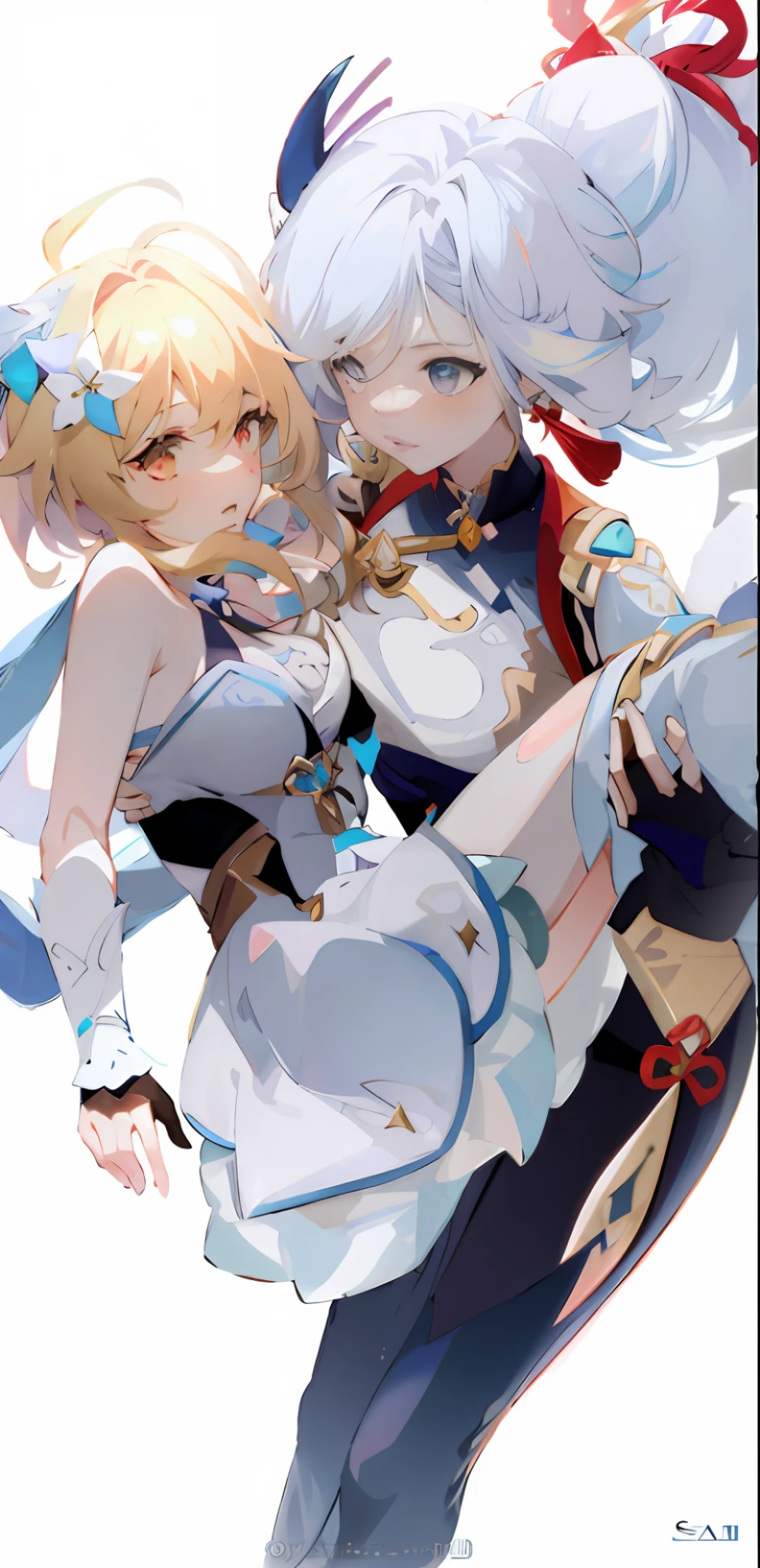 anime characters are hugging and posing for a picture, genshin, characters from azur lane, wlop and sakimichan, keqing from genshin impact, white cyan, cushart krenz key art feminine, from the azur lane videogame, genshin impact character, genshin impact, epic light novel art cover, anime cover