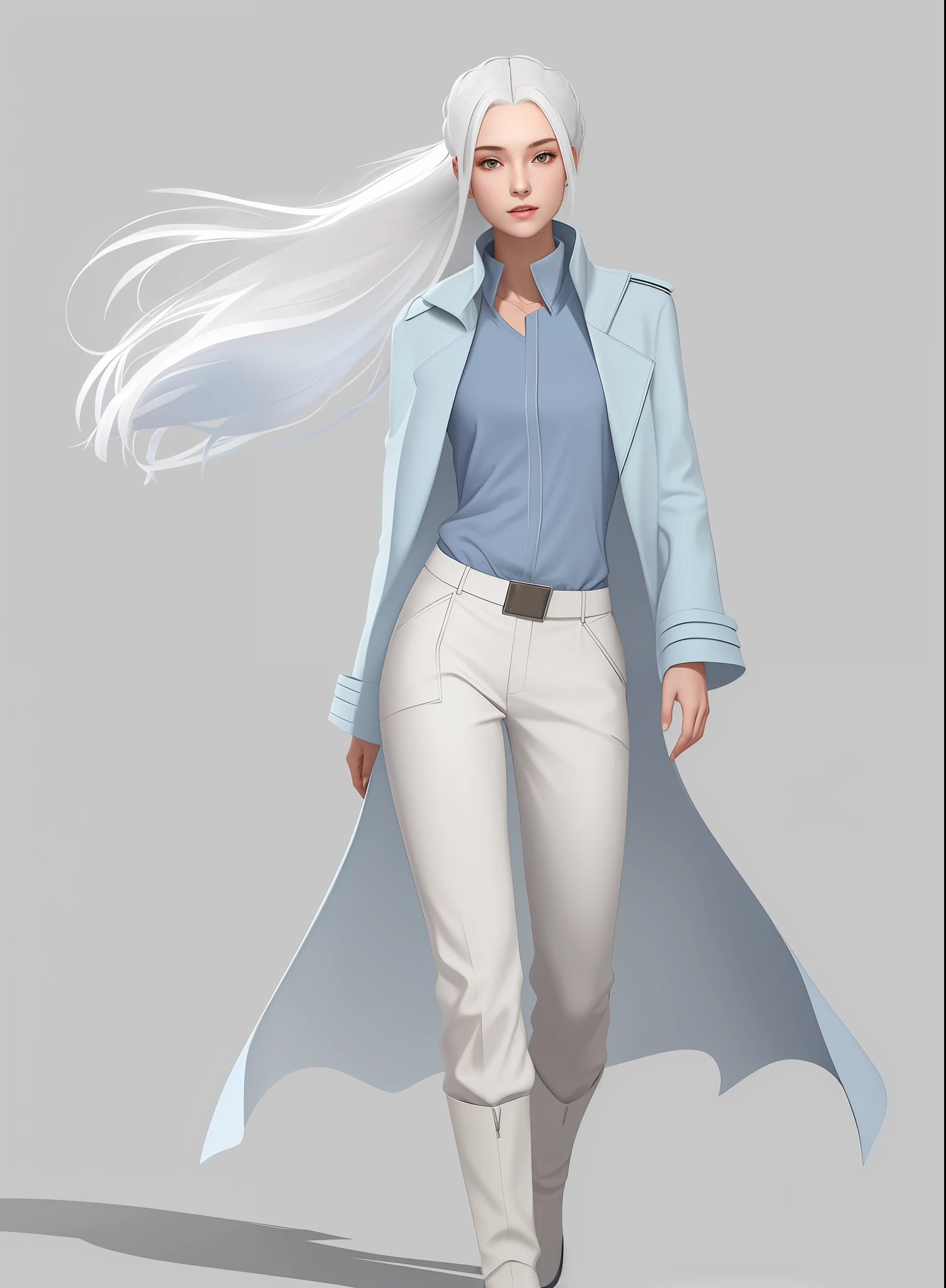 a girl with long white hair, a light-blue coat, white shirt and trousers, concept art, full-body character portrait