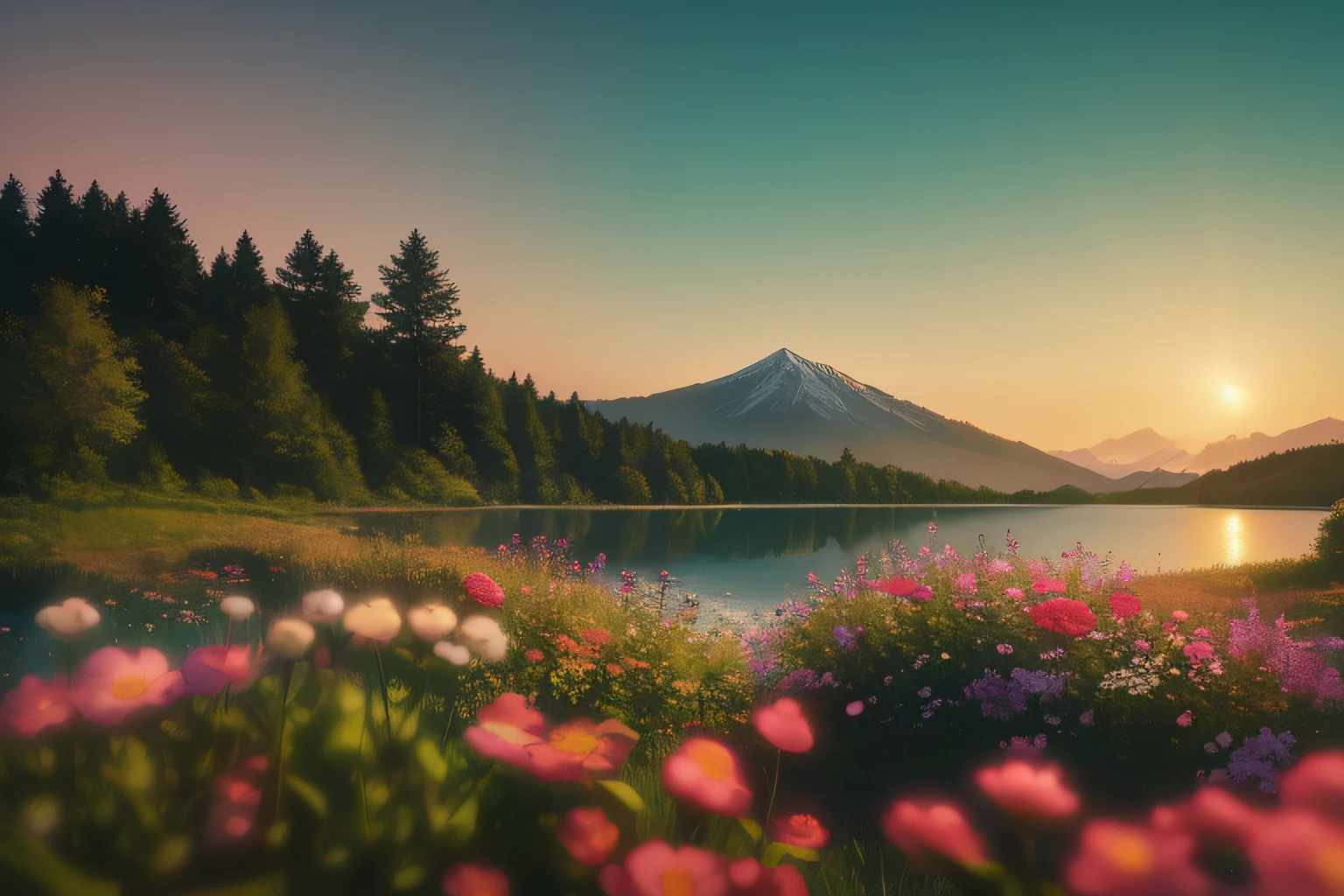 a lake with flowers in the foreground and a mountain in the background, beautiful lake background, peaceful landscape, nature wallpaper, nature scenery, stunning nature in background, beautiful wallpaper, a beautiful landscape, beautiful dreamy landscape, dreamy landscape, beautiful landscape, landscape photo, beautiful scenery, setting in nature, beautiful serene landscape, nature landscape, nature photography 4k, landscape wallpaper