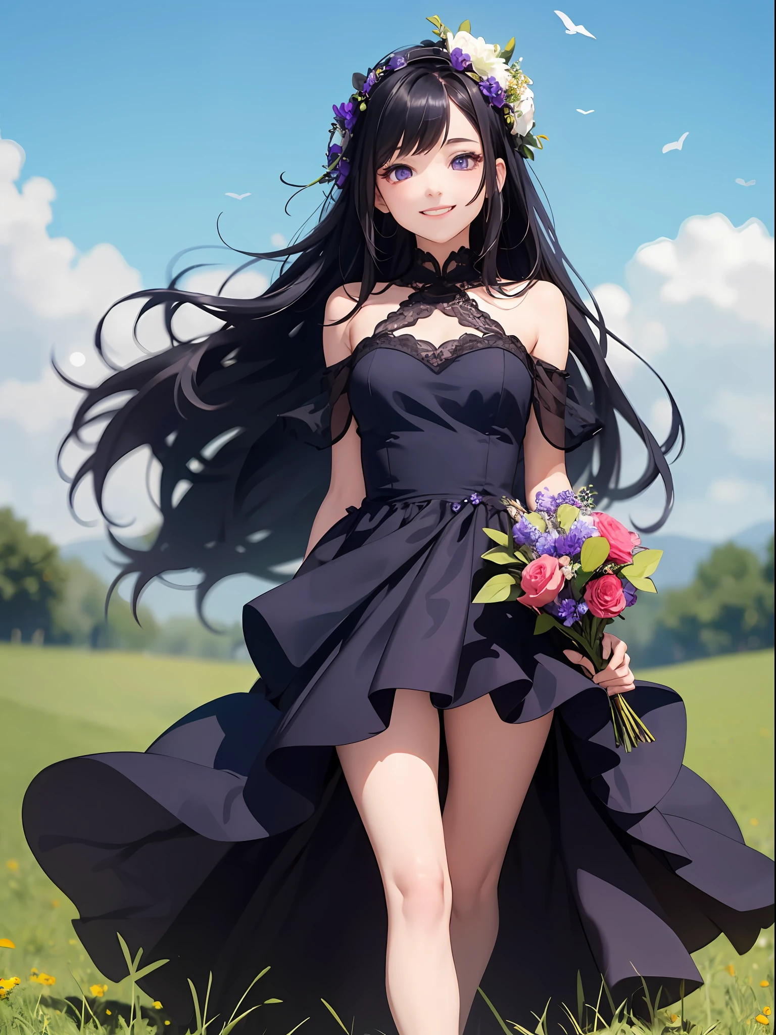 girl, black hair, long hair, purple eyes, beautiful eyes, smiling, happy, dark dress, bouquet, posing, full body, on grass, blue sky