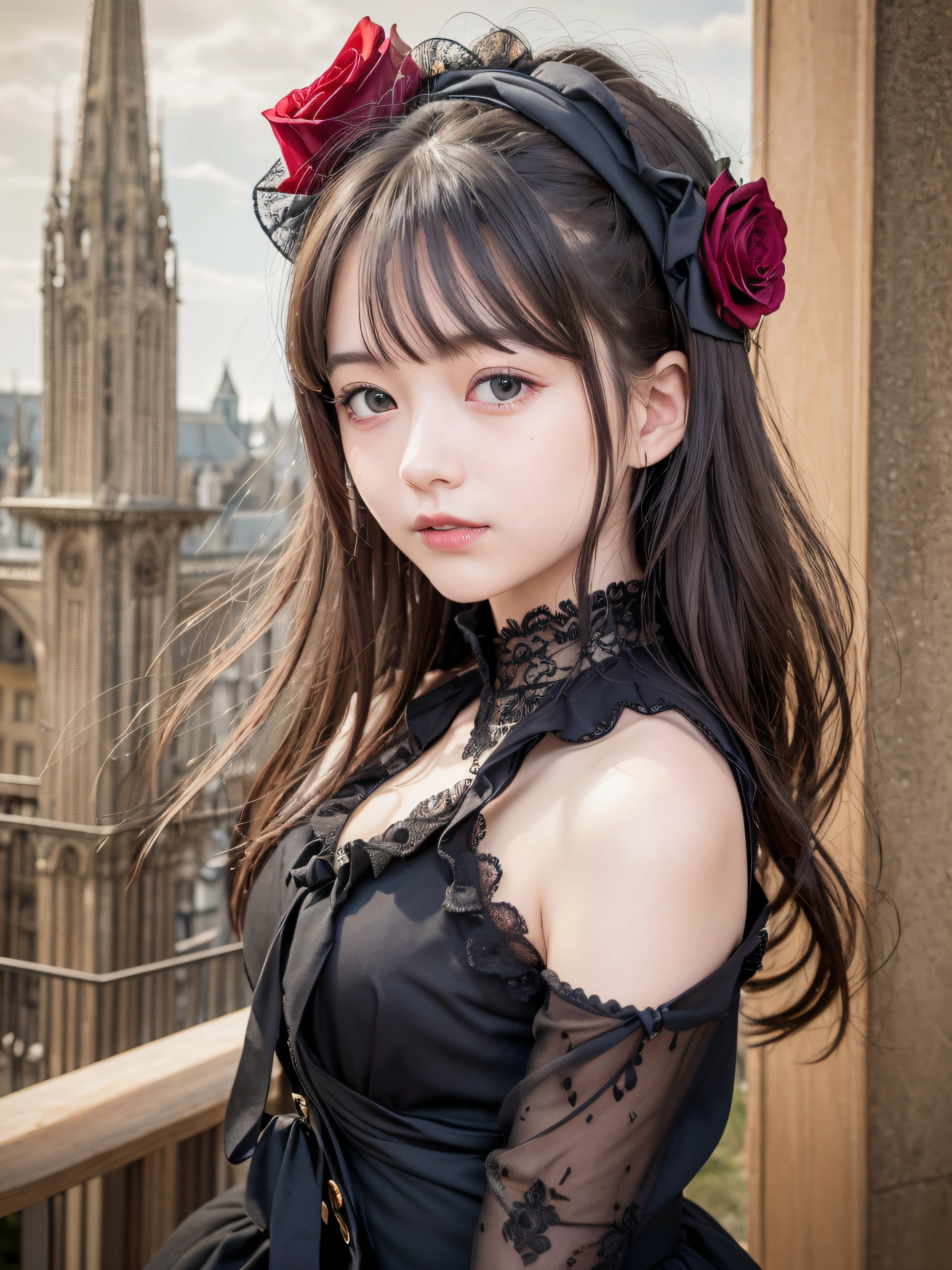 1 nogizaka girl, utterly cute, bishojo, (((15yo))), (gothic lolita fashion), an exquisitely detailed and beautiful face and eyes and skin, detailed black shine hair, elegant frills, frilled tie, ribbon tie, rose hair accessory, smile at the camera, cowboy shot, castles scenery in europe, professional lighting, (realistic, photo-realistic:1.37), incredibly absurdres, (insanely detailed:1.3), 8k, (masterpiece), (best quality:1.4), (ultra high res:1.2), (RAW photo:1.2), (a dress with delicate lace, soft fabric, and a beautiful rose pattern), perfect anatomy, 4fingers and 1thumbs, ultra detailed background, (unity 8k wallpaper)