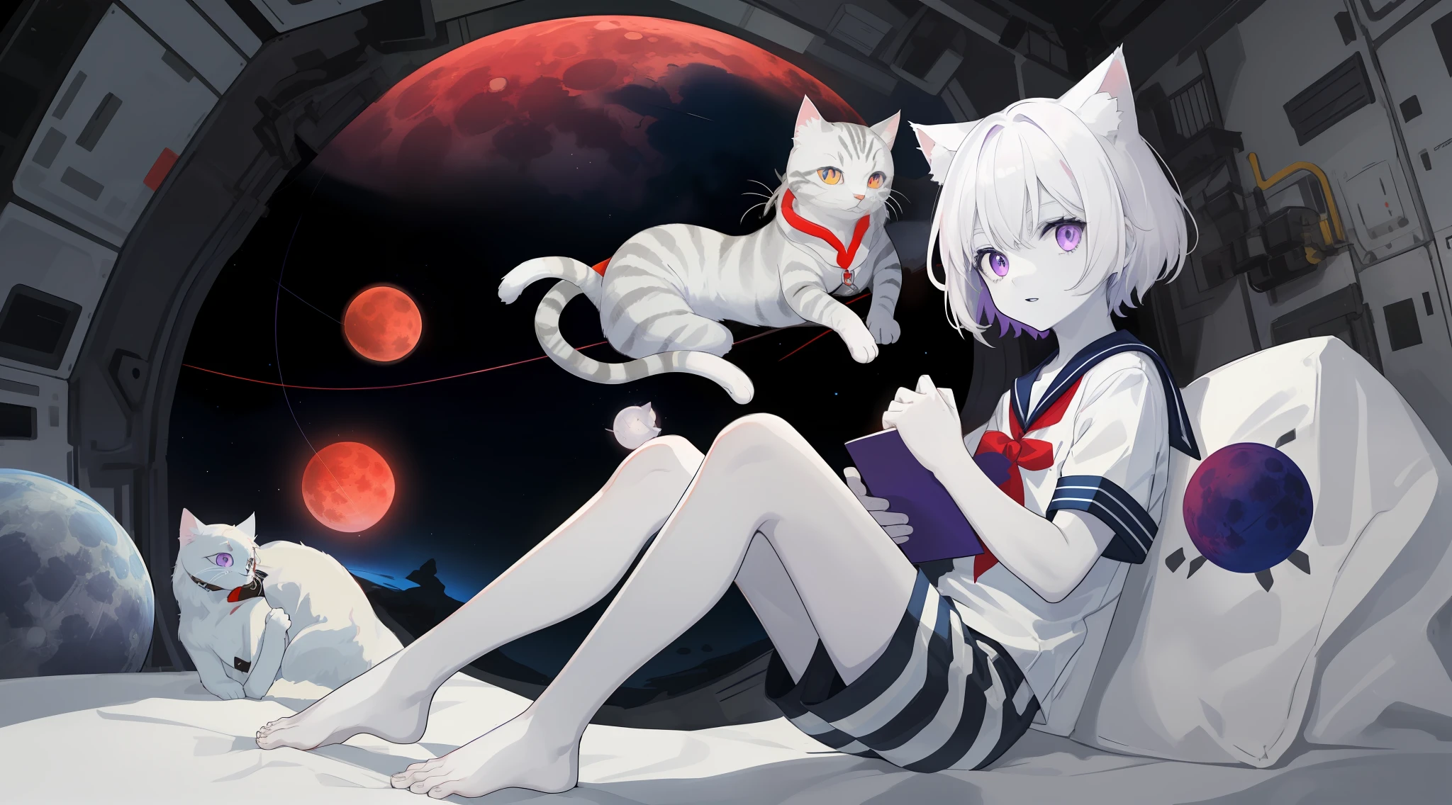 ((Pale Skin)), (Little Boy), (Red Moon), (Short Hair), (Purple Eyes), (White Hair), (Blue and White Striped Sailor Suit), (Blue and White Striped Shorts), (Barefoot), (Happy), (Cat Ear Tail), (Handsome), (Lying on the Moon), (Zombie), (Space Station Background)