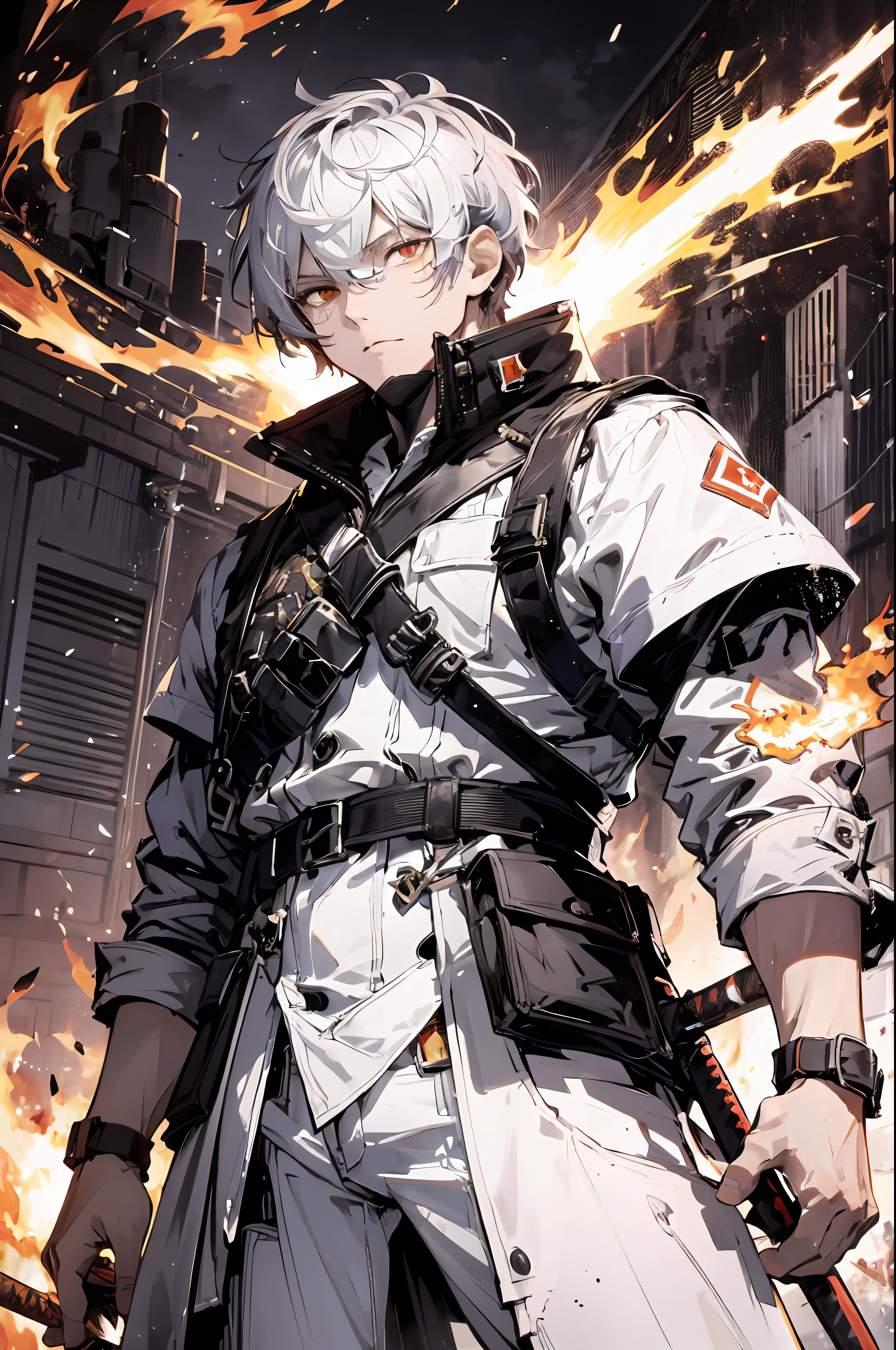 (absurdres, highres, ultra detailed), masterpiece, best quality, a man in white outfit, wielding sword, sword surrounded by fire, solo, handsome, finely eye, detailed face, short hair, white hair, vibrant red eye, ruined city, dark background, from below, look down, cowboy shot, swirl, vortex, spark