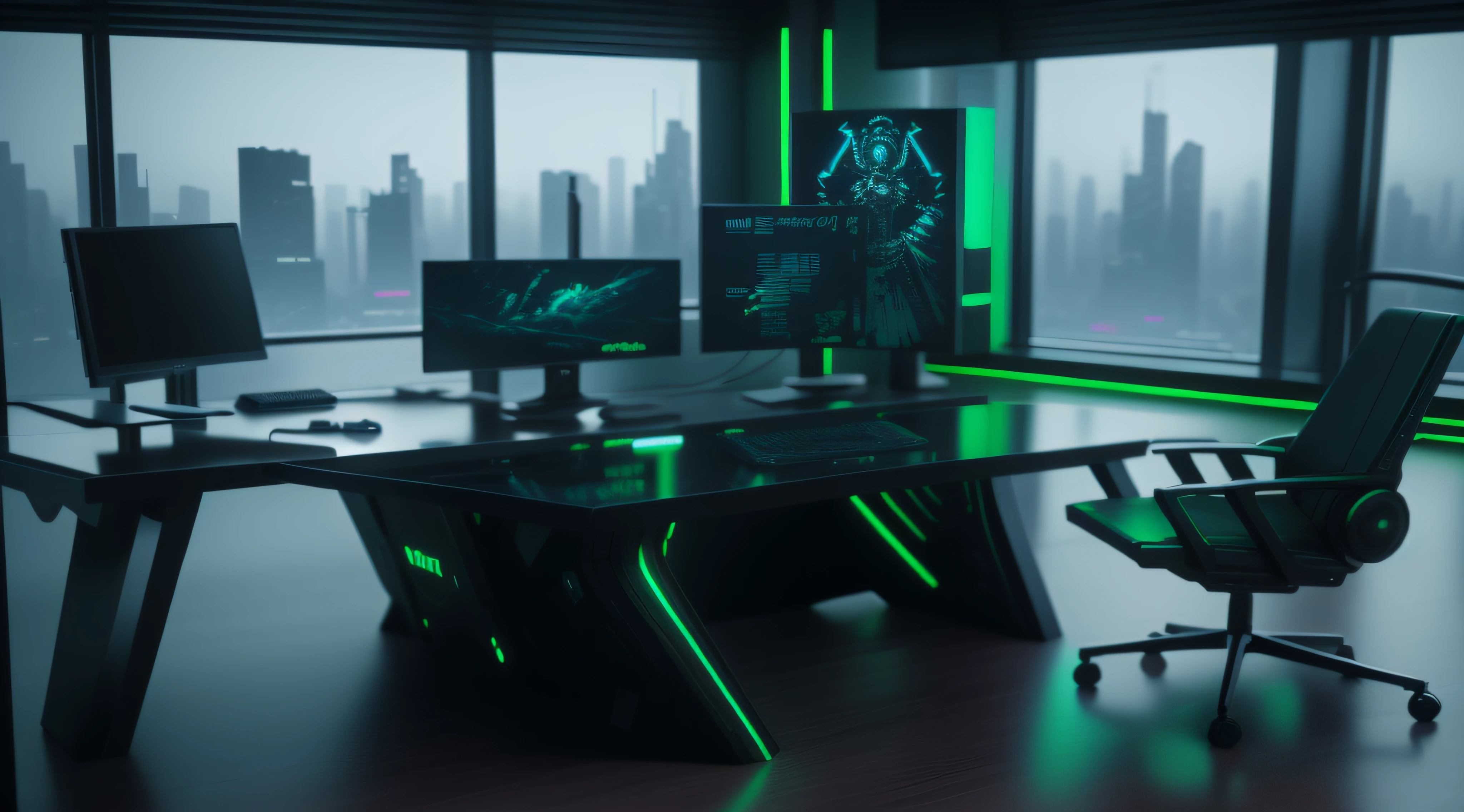 there is a desk with a computer and a monitor on it, cyberpunk setting, gamer screen on metallic desk, gaming room in 2 0 4 0, gaming table, in a cyberpunk themed room, futuristic cyberpunk scenario, futuristic setting, cyberpunk interior, in a cyberpunk setting, cyberpunk with neon lighting, cyberpunk lighting, created in octane render, in a dark futuristic room
