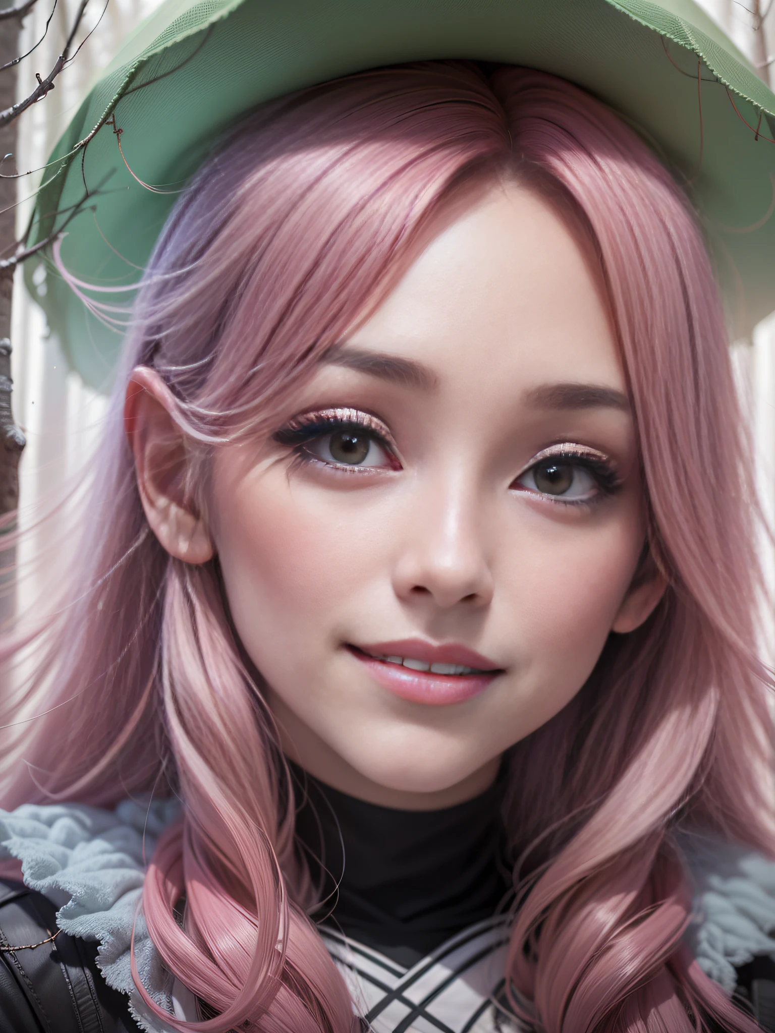 (((a Woman in the surreal dream landscape))), a pink forest in the foreground, surreal, frozen landscape, pink forest, joong keun lee, brown hair, grin, digital art, close-up, Realism, Fujicolor, viewfinder, Fujifilm, 8k, masterpiece, retina, anatomically correct