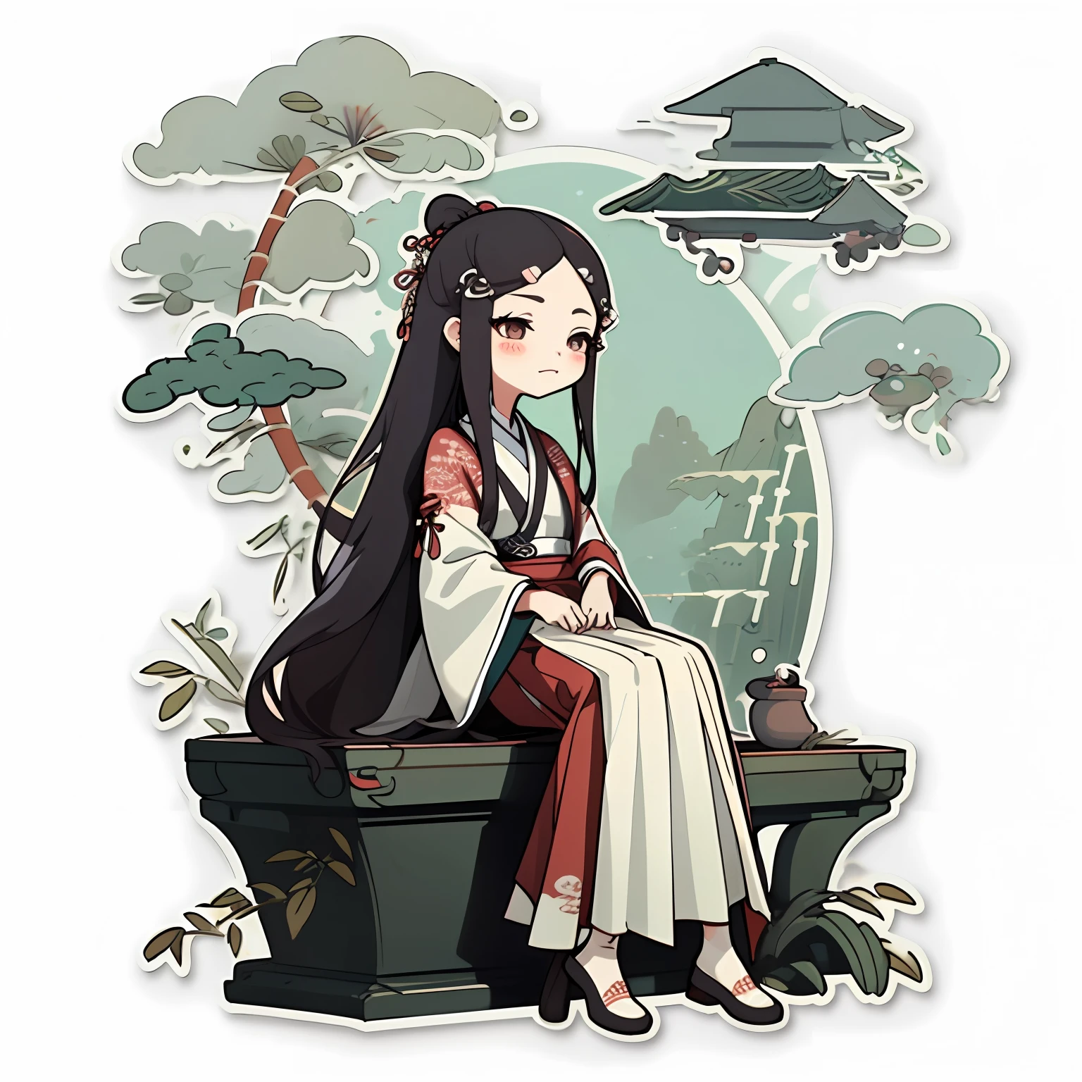 1 sticker, handbook, (sticker, 1 girl, Chinese Ming Dynasty clothes, gorgeous collar top, pleated long skirt, hanfu, embroidery, hairpin, bamboo, moss, pavilion), watercolor, white background, simple background, minimal, cute, tiny, pastel color, vector style, no gradient,