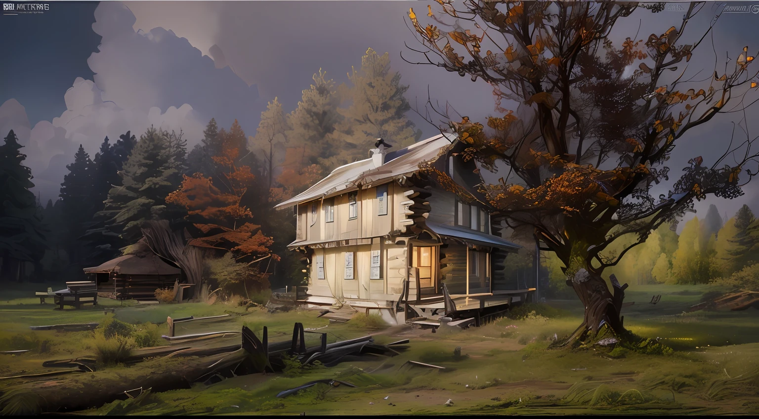 grass, tree stumps, realistic, very detailed, trees, ruins, light and shadow, there is a log cabin in the forest, hyperreal, stump, realistic, very detailed, intricate, high detail, clear and great scene, forest, mushrooms, grass, rattan table and chairs in front of the house, refinement, richness, concept map