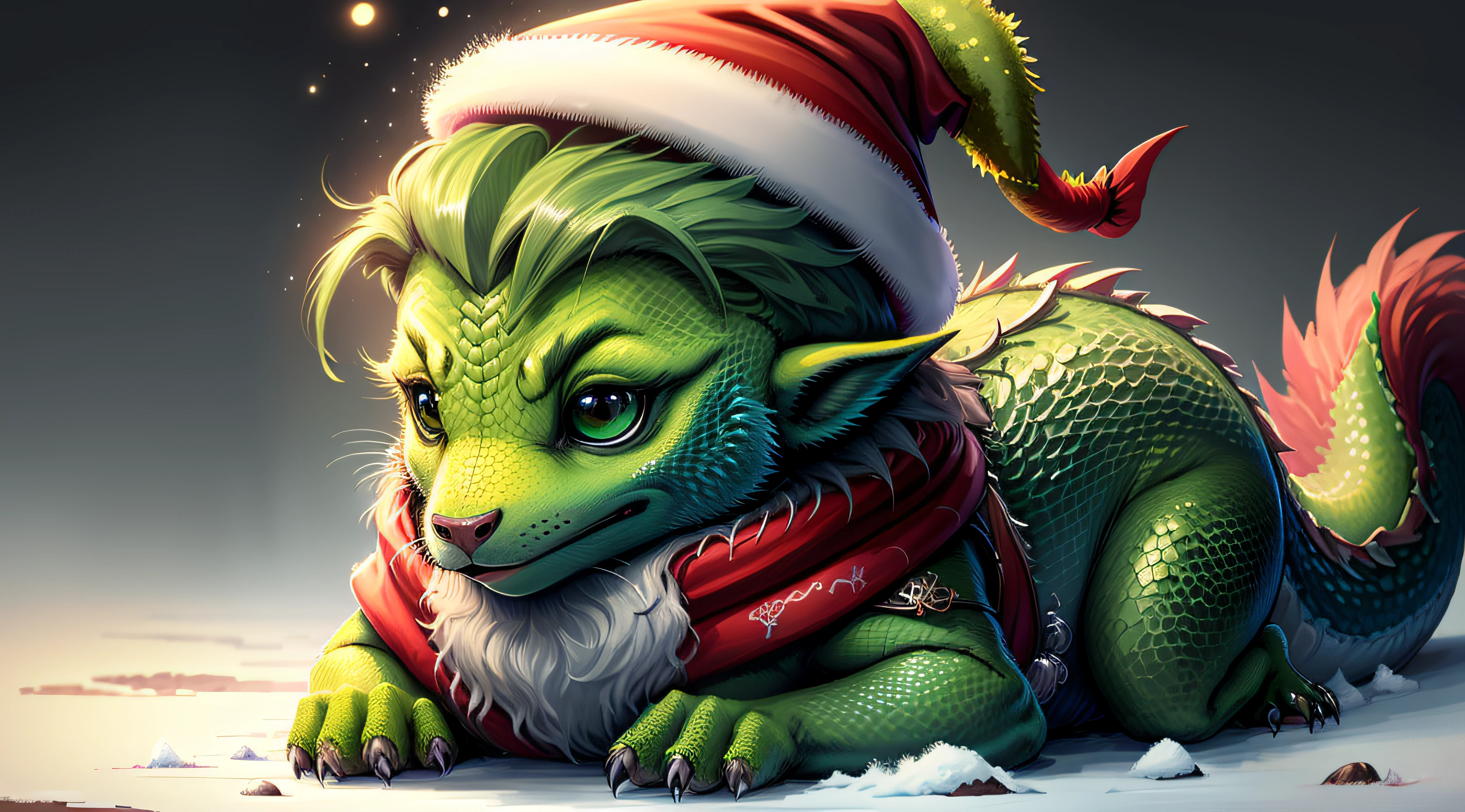 Dragon, ((Green Dragon)), ((Scales)) , Blur, Christmas Tree, Snow, Winter, (Winter Forest), (Christmas Tree), ((New Year's Toys)), (New Year's Eve), Nature, no_humans, Depth of Field, to8contrast style, DARK_Glam, (Dressed in Christmas Hat), Deep Shadows, (Dark: 1.4), (8k, RAW photo, Best Quality, Masterpiece: 1.2)