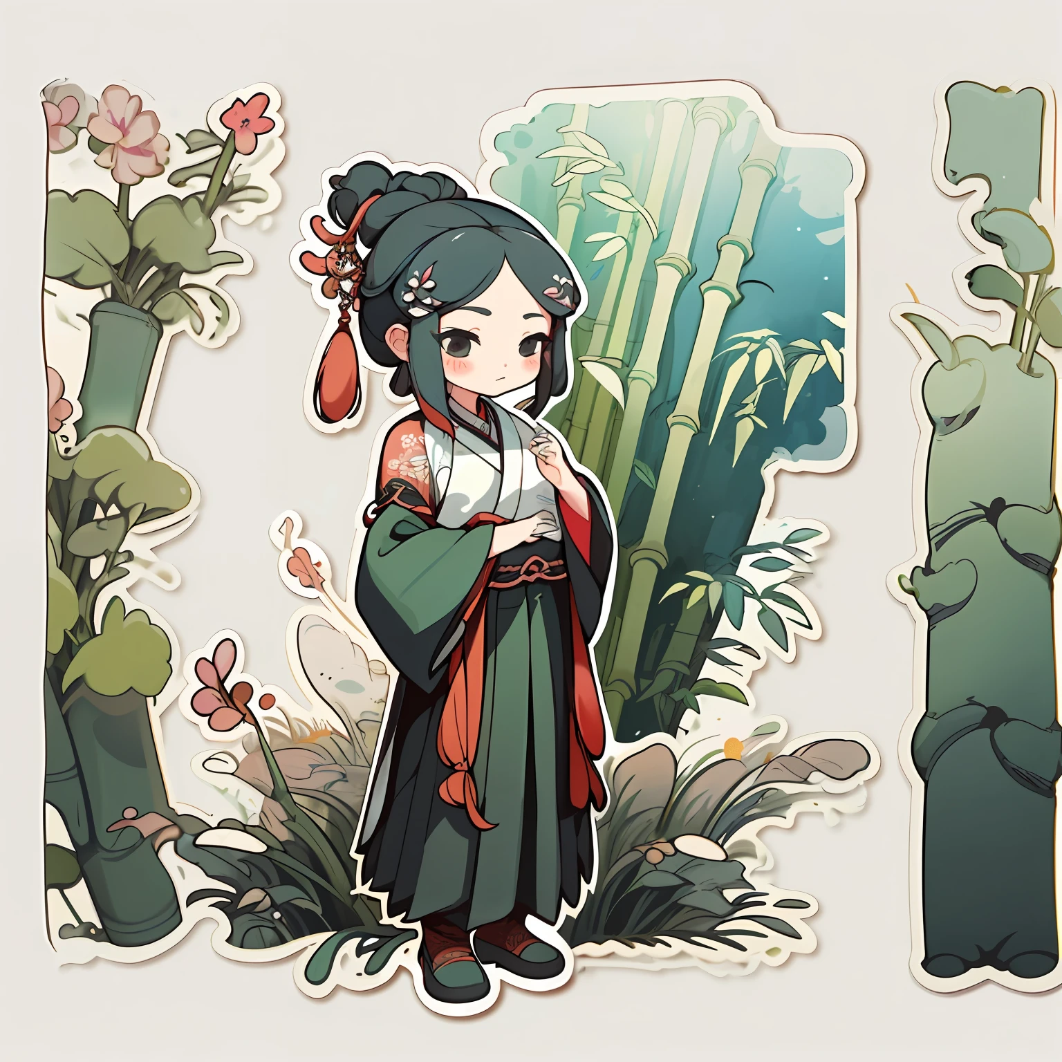 1 sticker, handbook, (sticker, 1 girl, Chinese Ming dynasty clothes, gorgeous collar top, pleated long skirt, hanfu, embroidery, hairpin, bamboo, moss, pavilion, parts split), watercolor, white background, simple background, minimal, cute, tiny, pastel color, vector style, no gradient,