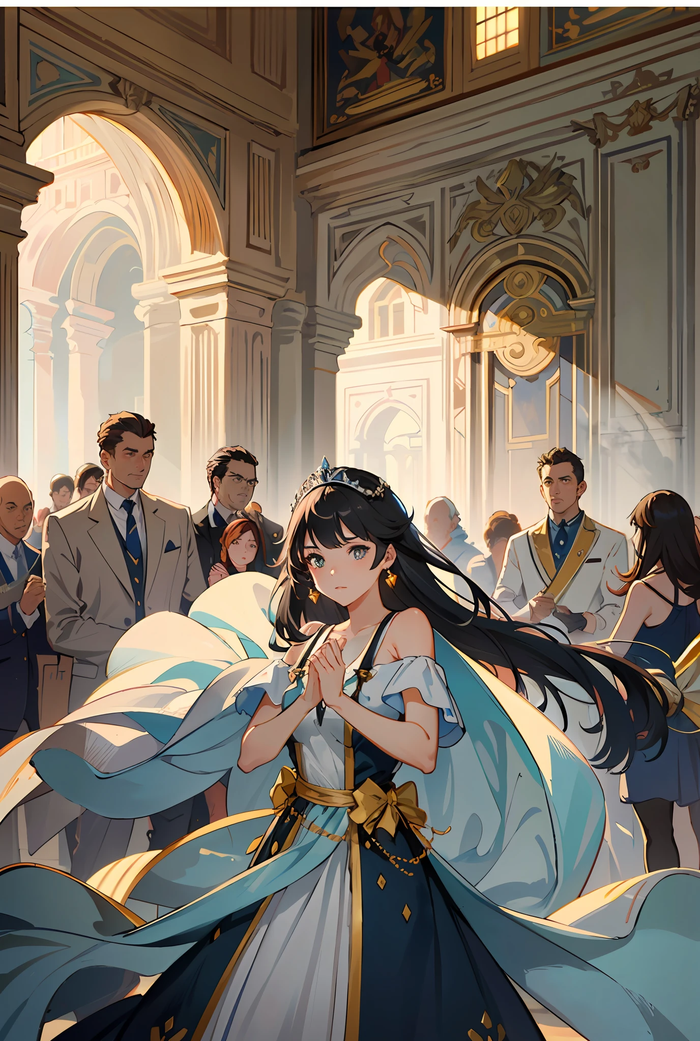 Model shooting style, (extremely detailed CG Unity 8k wallpaper), full-shot body photo of the most beautiful artwork in the world, stunning beautiful photo realistic available, super realistic super detailed photo, a beautiful girl as a female dancer entering the Loggia dei Lanzi of Florence,complex dress, banquet, crowd, [slight smile], (Sculpture of Hercules background), (princess eyes, shining pupils), detailed symmetrical beautiful hazel eyes, detailed gorgeous face, highly detailed, Vibrant, professional majestic oil painting by Ed Blinkey, Atey Ghailan, Studio Ghibli, Jeremy Mann, Greg Manchess, Antonio Moro, ArtStation Trends, CGSociety Trends, Complex, High Detail, Sharp Focus, Dramatic, Realistic Painting Art, by Midjourney and Greg Written by Rutkowski