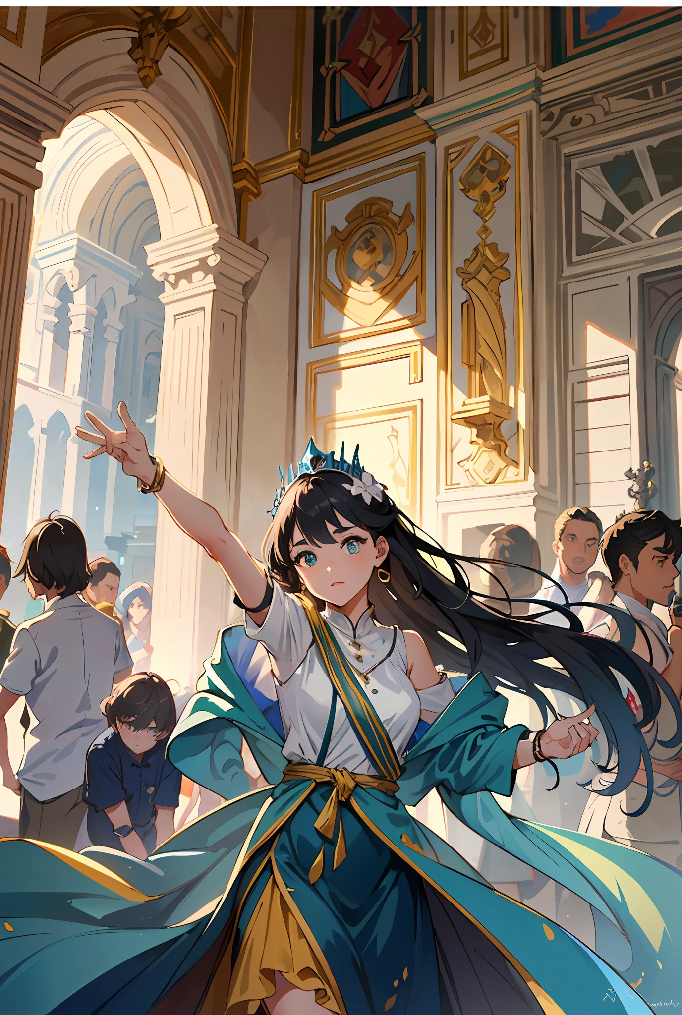 Model shooting style, (extremely detailed CG Unity 8k wallpaper), full-shot body photo of the most beautiful artwork in the world, stunning beautiful photo realistic available, super realistic super detailed photo, a beautiful girl as a female dancer entering the Loggia dei Lanzi of Florence,complex dress, banquet, crowd, [slight smile], (Sculpture of Hercules background), (princess eyes, shining pupils), detailed symmetrical beautiful hazel eyes, detailed gorgeous face, highly detailed, Vibrant, professional majestic oil painting by Ed Blinkey, Atey Ghailan, Studio Ghibli, Jeremy Mann, Greg Manchess, Antonio Moro, ArtStation Trends, CGSociety Trends, Complex, High Detail, Sharp Focus, Dramatic, Realistic Painting Art, by Midjourney and Greg Written by Rutkowski