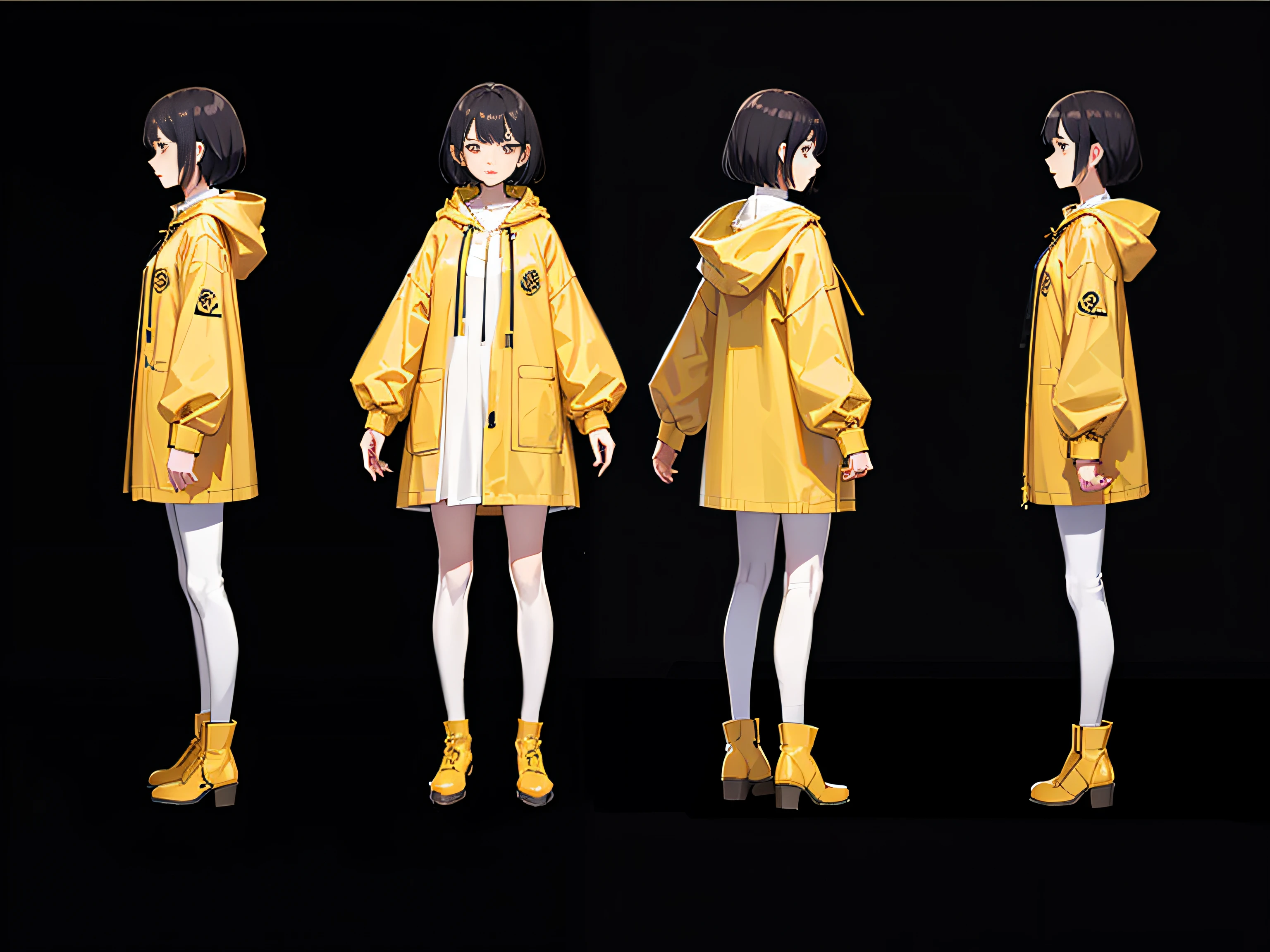 1girl, [Black hair, short hair, bangs], [yellow_raincoat, long raincoat], detailed face, [Red_eyes, half closed], black leggings, white_boots, high quality, character sheet, concept art, white background,