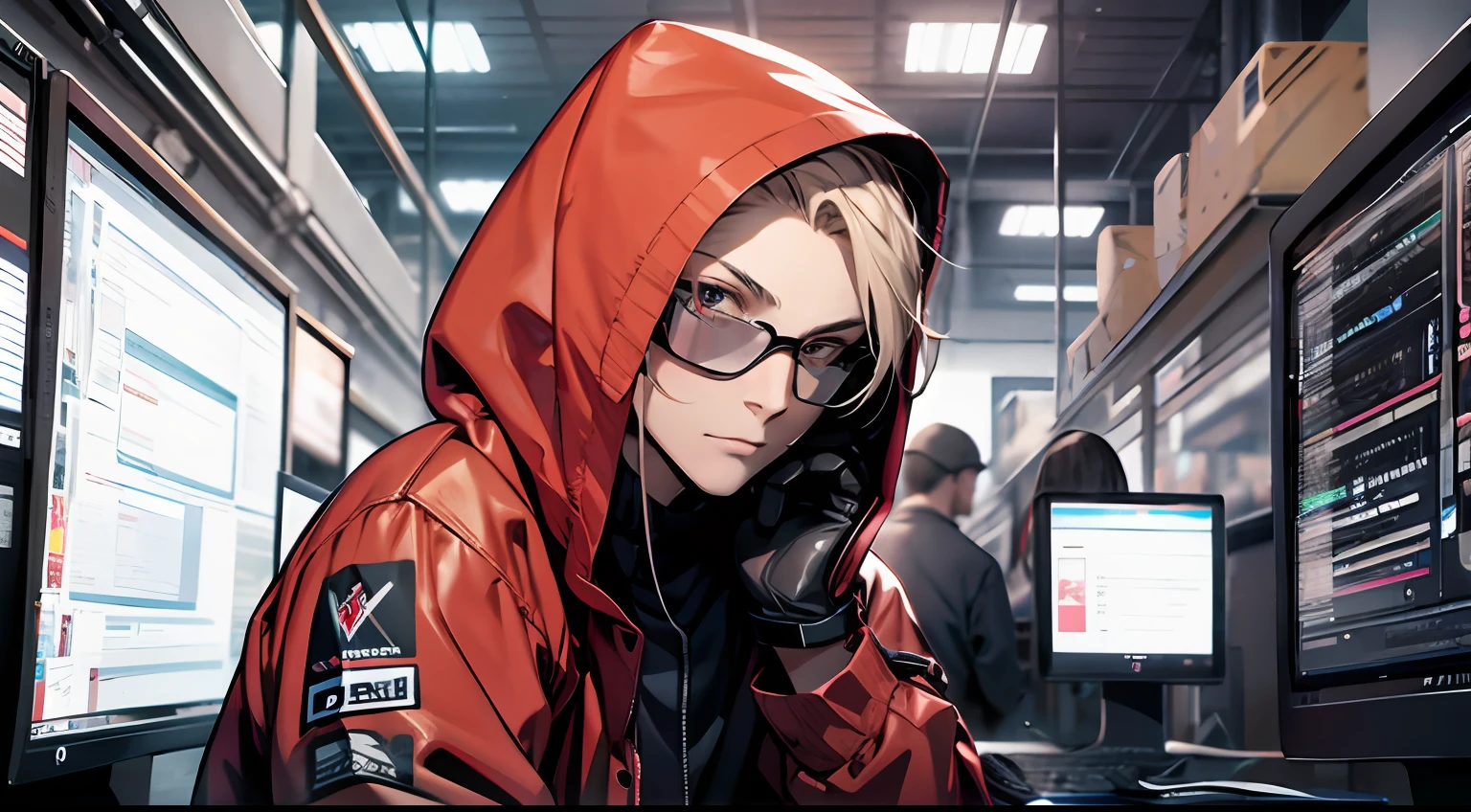 Masterpiece, best quality, a man, hacker, with a mask, computer