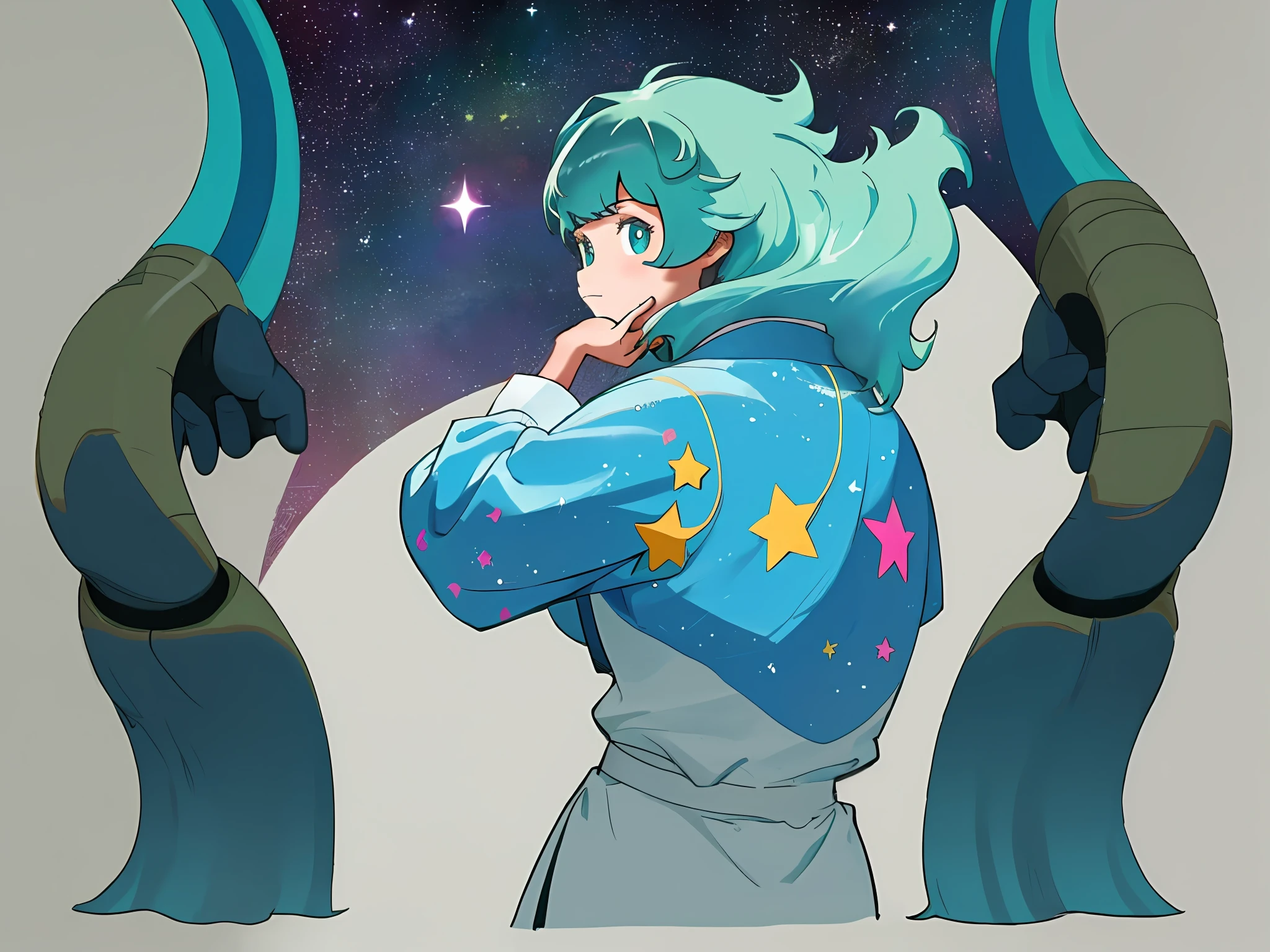 ((masterpiece)), ((best quality))), (character design, same character, front, side, back), illustration, 1 girl, hair color, bangs, hairstyle fax, eyes, environment change, pose pose, female, shirt shangyi, stars, charturnbetalora, (simple background, white background: 1.3) ,--6