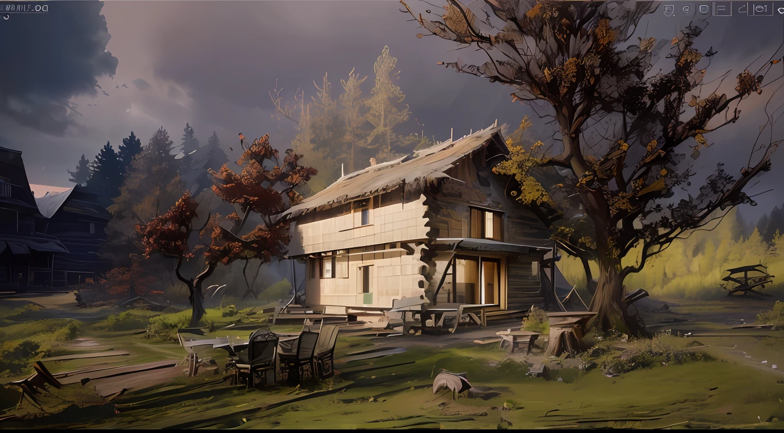 grass, tree stumps, realistic, very detailed, trees, ruins, light and shadow, there is a log cabin in the forest, hyperreal, stump, realistic, very detailed, intricate, high detail, clear and great scene, forest, mushrooms, grass, rattan table and chairs in front of the house, refinement, richness, concept map