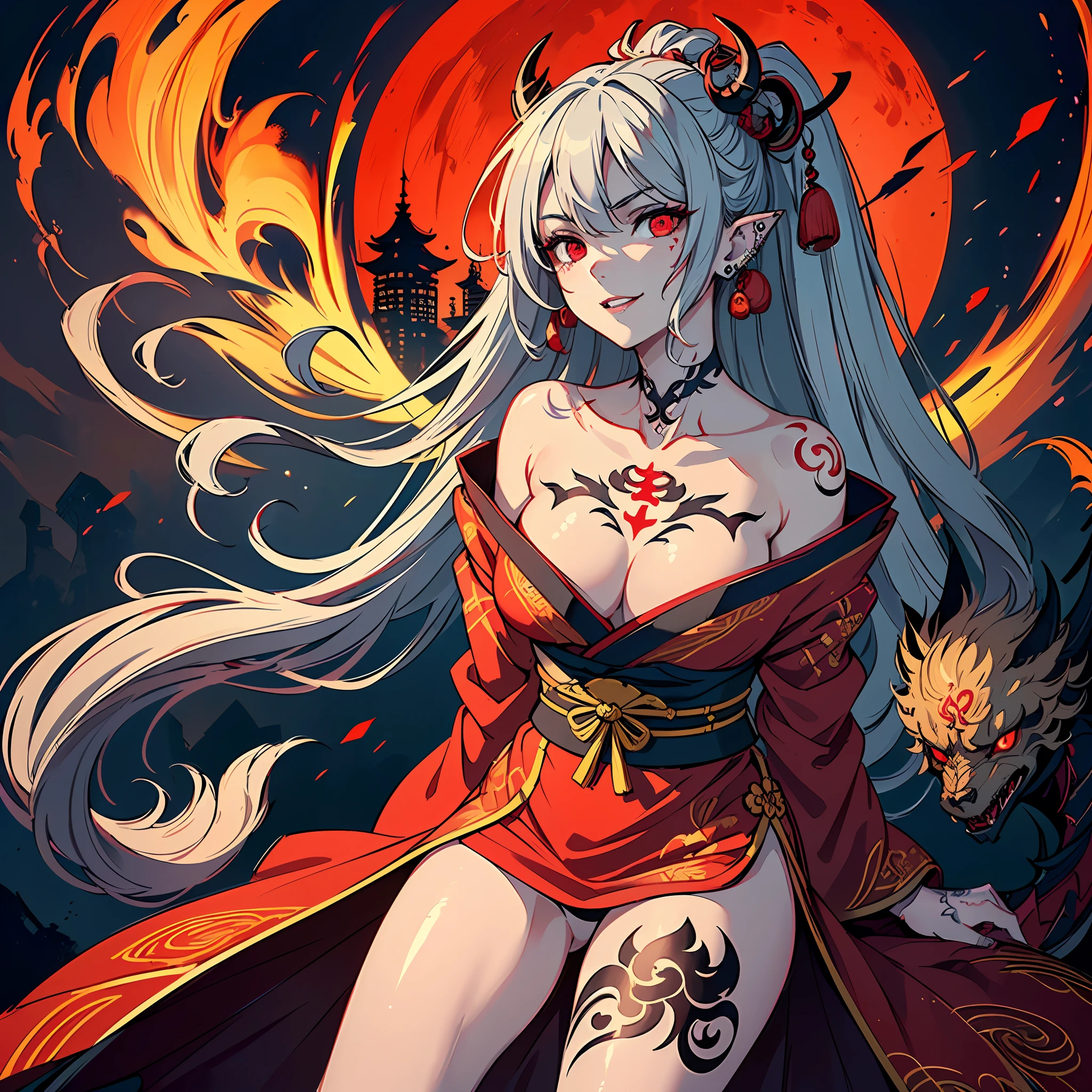 Masterpiece, top quality, Chinese fairy, 1 girl \ ( \) and iris red dragon,((Chinese dragon glaring at girl)),Ultra detailed dragon:2,dark gray background,red moon,gorgeous cityscape in background, red moon:1,masterpiece, best quality, high quality,(dark shapeless creature with dark red glow and red eyes surrounded by darkness:1.2), (in profile), ( Darkness:1.2), Abstraction, Deep Water, Award-winning photography, Depth of field, HDR, Very detailed, Trending in art station, Trending in CGsociety, Complex, High Detail,(Masterpiece: 1.2, highest quality)(Best lighting, very delicate and beautiful)(Best lighting, very delicate and beautiful)(Beautiful detailed face)(Detailed eyes and detailed face:1.2), (Young girl, Little Beast, 1girl, Solo, Crazy smile, Pale skin, G-cup, cleavage, 19 piercings, ((tattoos all over body, tribal tattoos all over legs)) gray hair, glowing red eyes, dynamic angle, vampires), pointy_ears,(depth of field),high contrast,cowboy shot,full body, ((Chinese kimono with ultra-detailed embroidery)), Punk Costumes, --auto