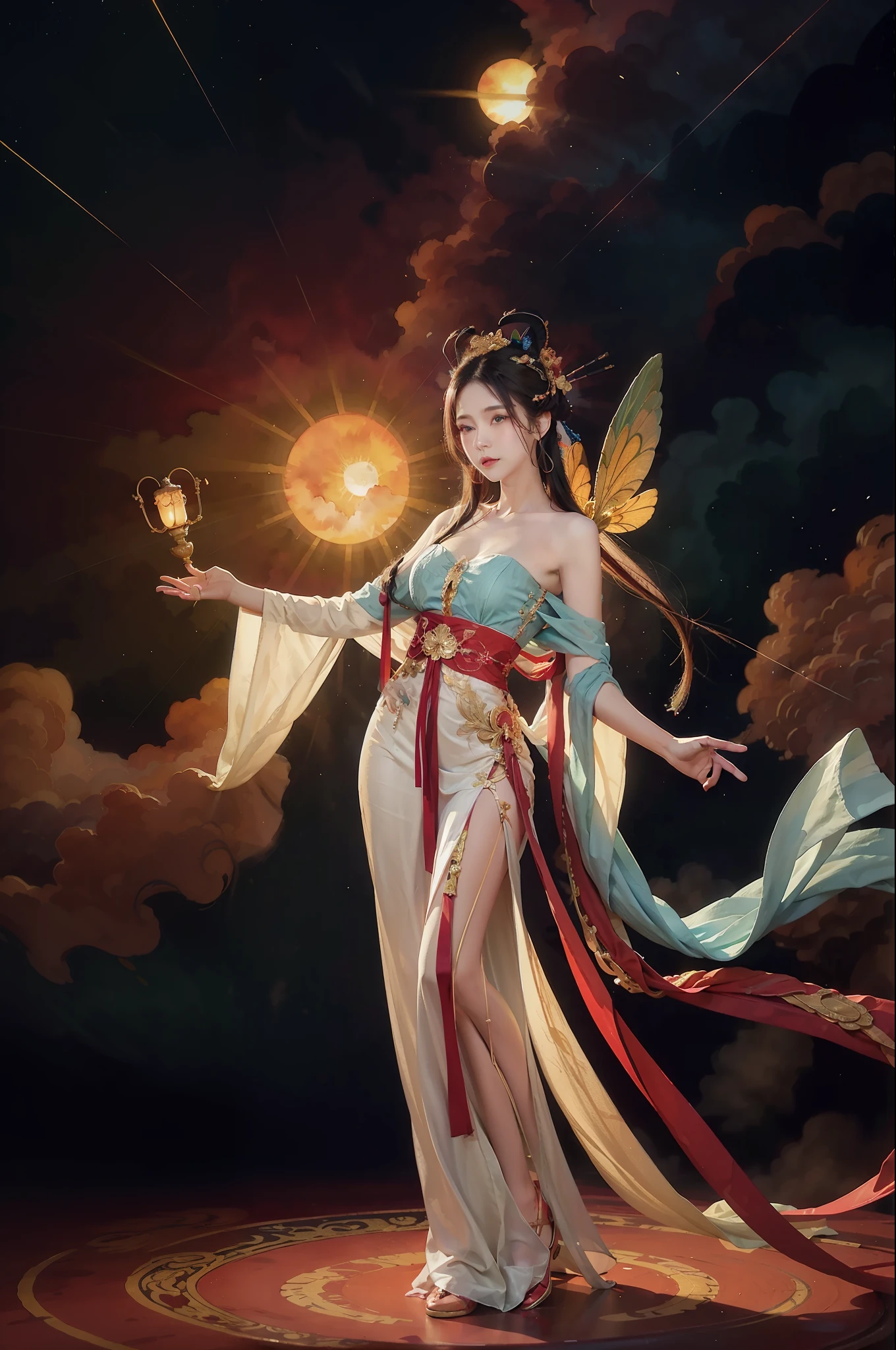 (Masterpiece, top quality, best quality, extreme detail, highest detail, official art, Beauty and Aesthetics: 1.2), Colorful, Denim Shot, Upper Body Shot, Beautiful Face, Solo, Perfect Body, On the Sky Clouds, Fairy, Flowing Streamers, Sun Rays, Clouds, Full Body, Hanfu, Chinese Clothes, White Dress, Water, Fireflies, Night, Starry Sky, Jewelry, Feathers on Dresses, Peacock Feathers, Light Particles, Volumetric Lighting, Ray Tracing (Flowing Streamers: 1.1), (Fantasy: 1.2), Illuminator, Stars, Fantasy, High Contrast, Ink Strokes, Overexposure, Purple and Red Tone Impressions, Abstract, ((Watercolor by John Berkey and Jeremy Man)) Brush Strokes,