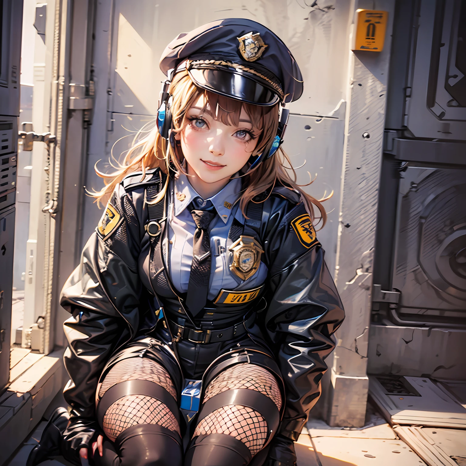 Woman, Reality, (Berets) (Headphones) (High Fork Tights Police Uniform, Police Logo) (Pantyhose Fishnet Socks), (Lips slightly open, light smile), (Shiny skin: 1.1), Blush, (Looking at the viewer), (Full Body), Masterpiece, Highest Quality, High Resolution, Absurd, Realistic