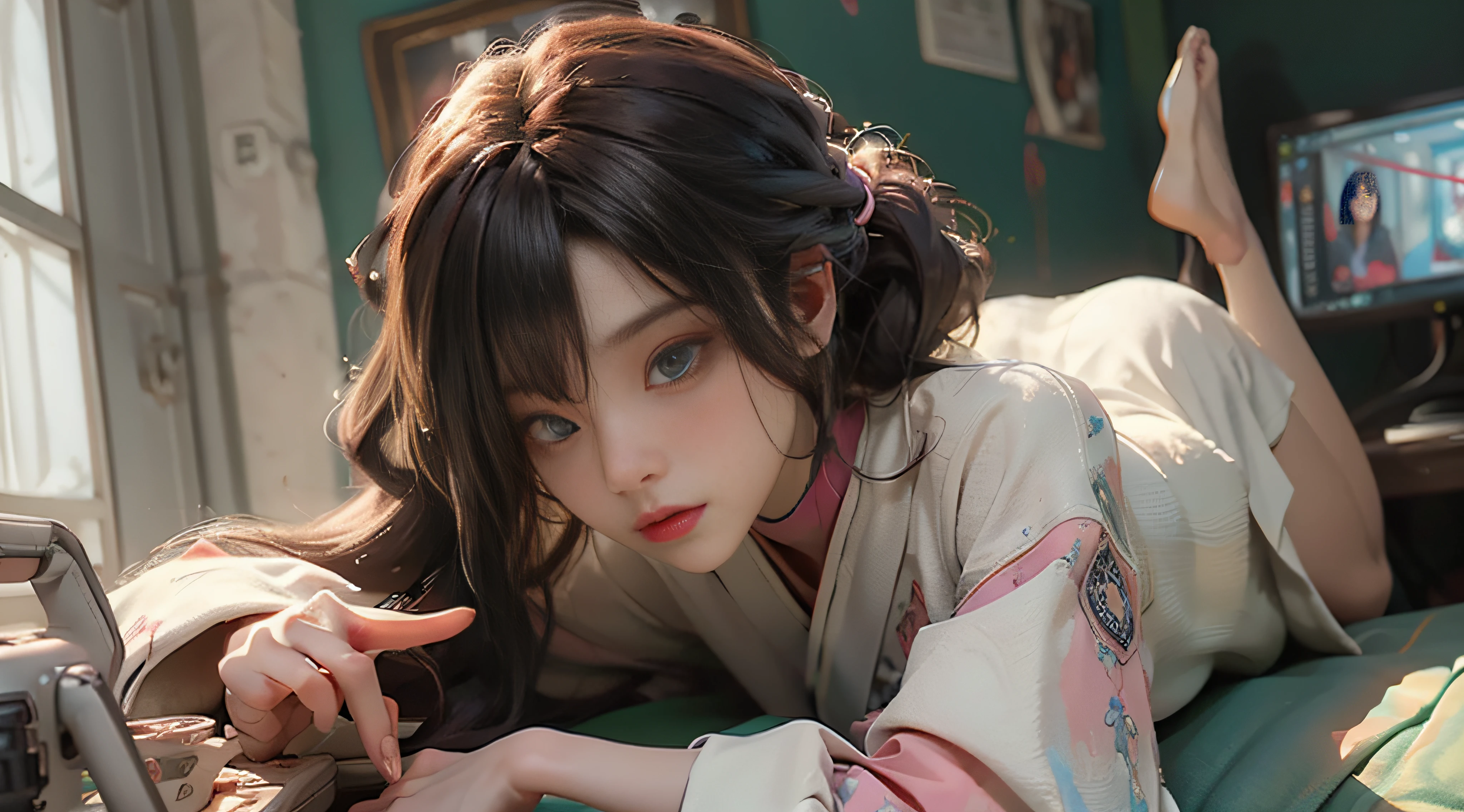 ((Best Quality)), ((Masterpiece)), (Detail: 1.4), 3D, Beautiful Cyberpunk Female Image, HDR (High Dynamic Range), Ray Tracing, NVIDIA RTX, Super Resolution, Unreal 5, Subsurface Scattering, PBR Texture, Post-Processing, Anisotropic Filtering, Depth of Field, Maximum Sharpness and Sharpness, Multi-layer Texture, Albedo and Highlight Mapping, Surface Coloring, Mitsu-Accurate Simulation of Material Interactions, Perfect Proportions, Octane Rendering, Two-color Light, Large Aperture, Low ISO, white balance, regular three-point, 8K RAW, beautiful bright pupils, flowing robe, fine pupils, delicate face and eyes, long eyelashes, blush, fluffy hair, pink lips, seductive