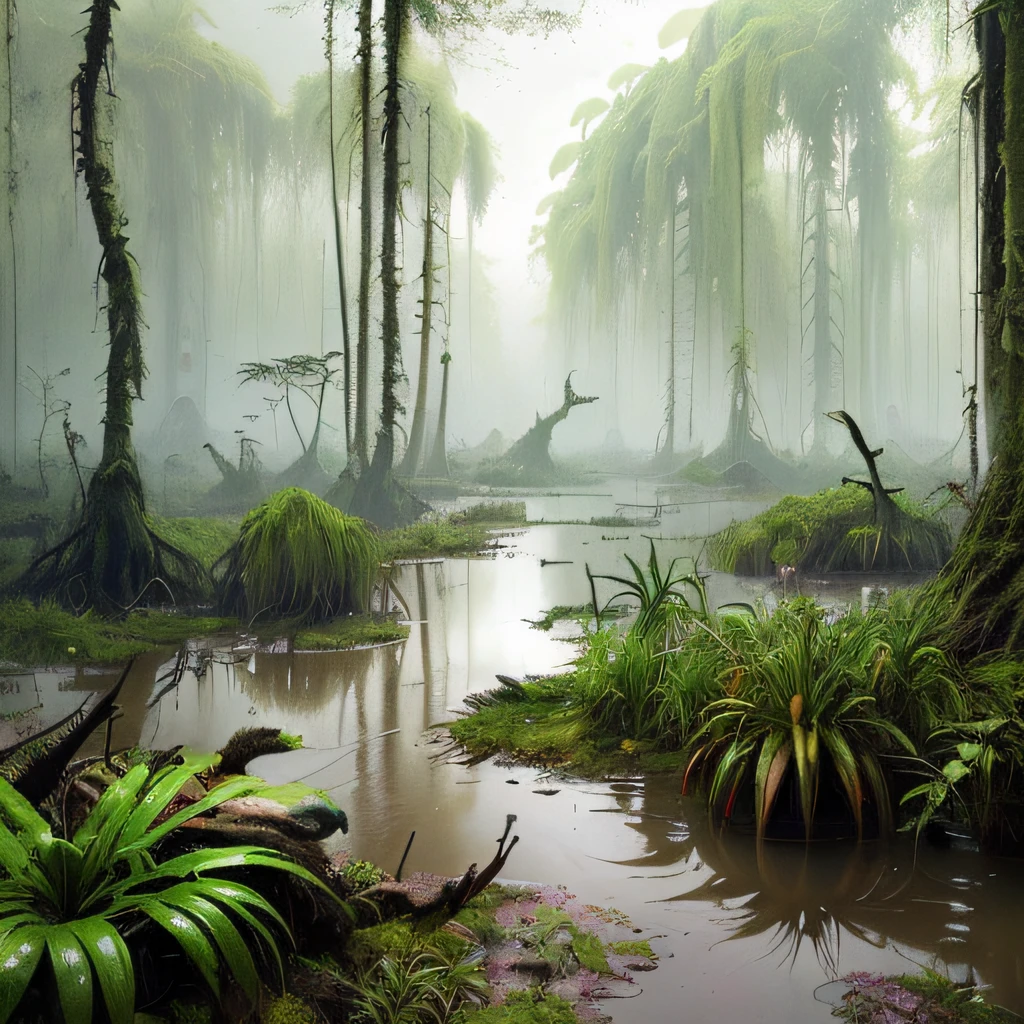 stalenhag, (dense alien jungle swamp:1.3), many strange unusual rainbow flowers, old destroyed parts rust atom nuclear, sci-fi, knots colorfully raw surface, smooth round shapes, hdr, 8k, 4k, octane renderer, huge detailed, artstation
