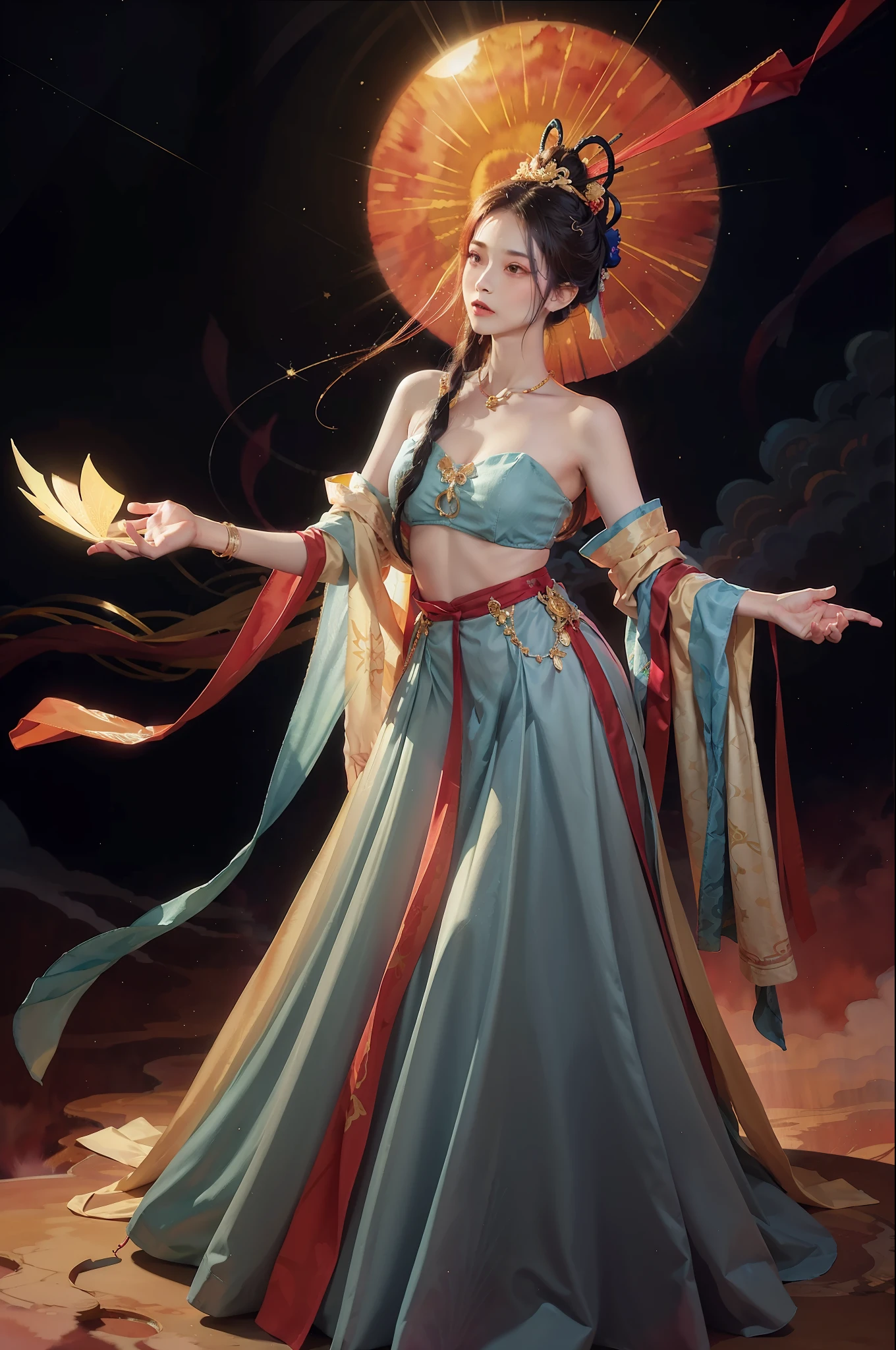 (Masterpiece, top quality, best quality, extreme detail, highest detail, official art, Beauty and Aesthetics: 1.2), Colorful, Denim Shot, Upper Body Shot, Beautiful Face, Solo, Perfect Body, On the Sky Clouds, Fairy, Flowing Streamers, Sun Rays, Clouds, Full Body, Hanfu, Chinese Clothes, White Dress, Water, Fireflies, Night, Starry Sky, Jewelry, Feathers on Dresses, Peacock Feathers, Light Particles, Volumetric Lighting, Ray Tracing (Flowing Streamers: 1.1), (Fantasy: 1.2), Illuminator, Stars, Fantasy, High Contrast, Ink Strokes, Overexposure, Purple and Red Tone Impressions, Abstract, ((Watercolor by John Berkey and Jeremy Man)) Brush Strokes,