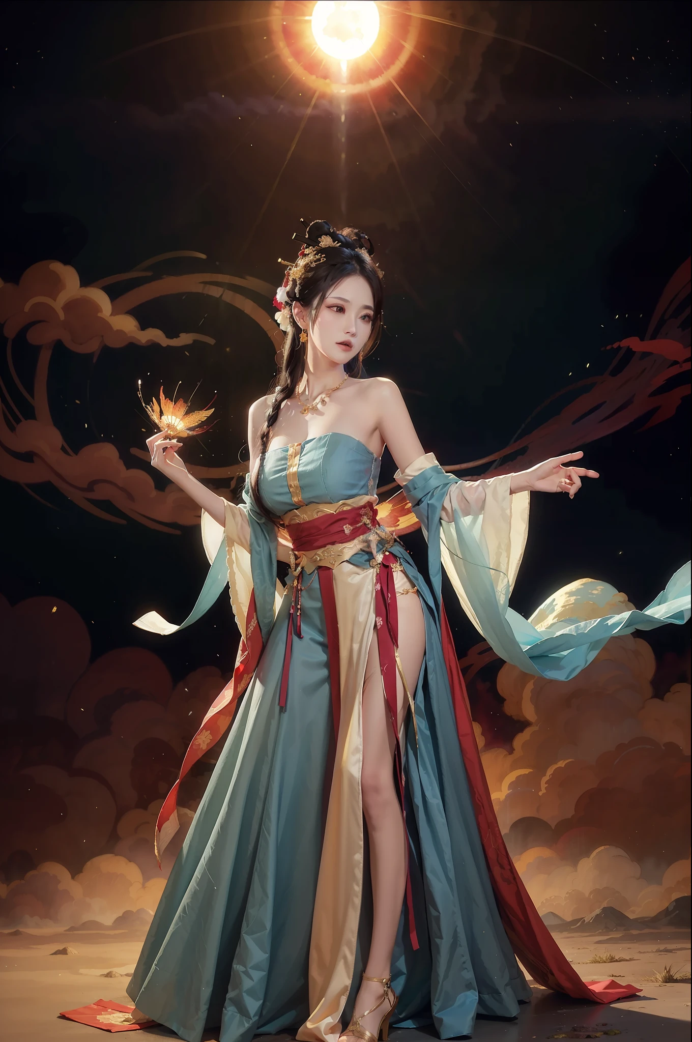 (Masterpiece, top quality, best quality, extreme detail, highest detail, official art, Beauty and Aesthetics: 1.2), Colorful, Denim Shot, Upper Body Shot, Beautiful Face, Solo, Perfect Body, On the Sky Clouds, Fairy, Flowing Streamers, Sun Rays, Clouds, Full Body, Hanfu, Chinese Clothes, White Dress, Water, Fireflies, Night, Starry Sky, Jewelry, Feathers on Dresses, Peacock Feathers, Light Particles, Volumetric Lighting, Ray Tracing (Flowing Streamers: 1.1), (Fantasy: 1.2), Illuminator, Stars, Fantasy, High Contrast, Ink Strokes, Overexposure, Purple and Red Tone Impressions, Abstract, ((Watercolor by John Berkey and Jeremy Man)) Brush Strokes,