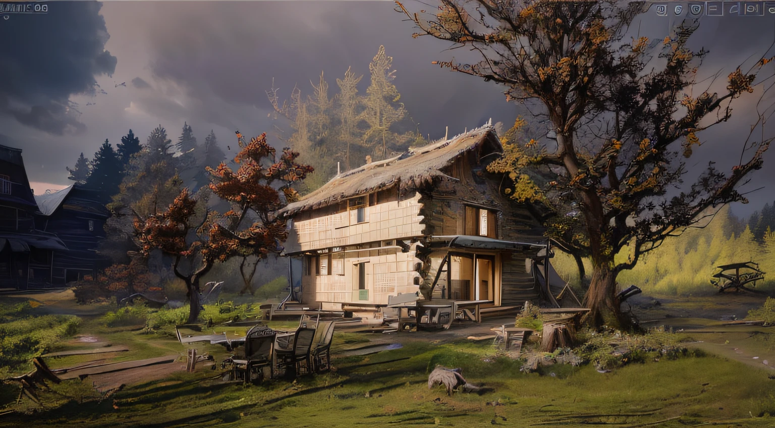 grass, tree stumps, realistic, very detailed, trees, ruins, light and shadow, there is a log cabin in the forest, hyperreal, stump, realistic, very detailed, intricate, high detail, clear and great scene, forest, mushrooms, grass, rattan table and chairs in front of the house, refinement, richness, concept map