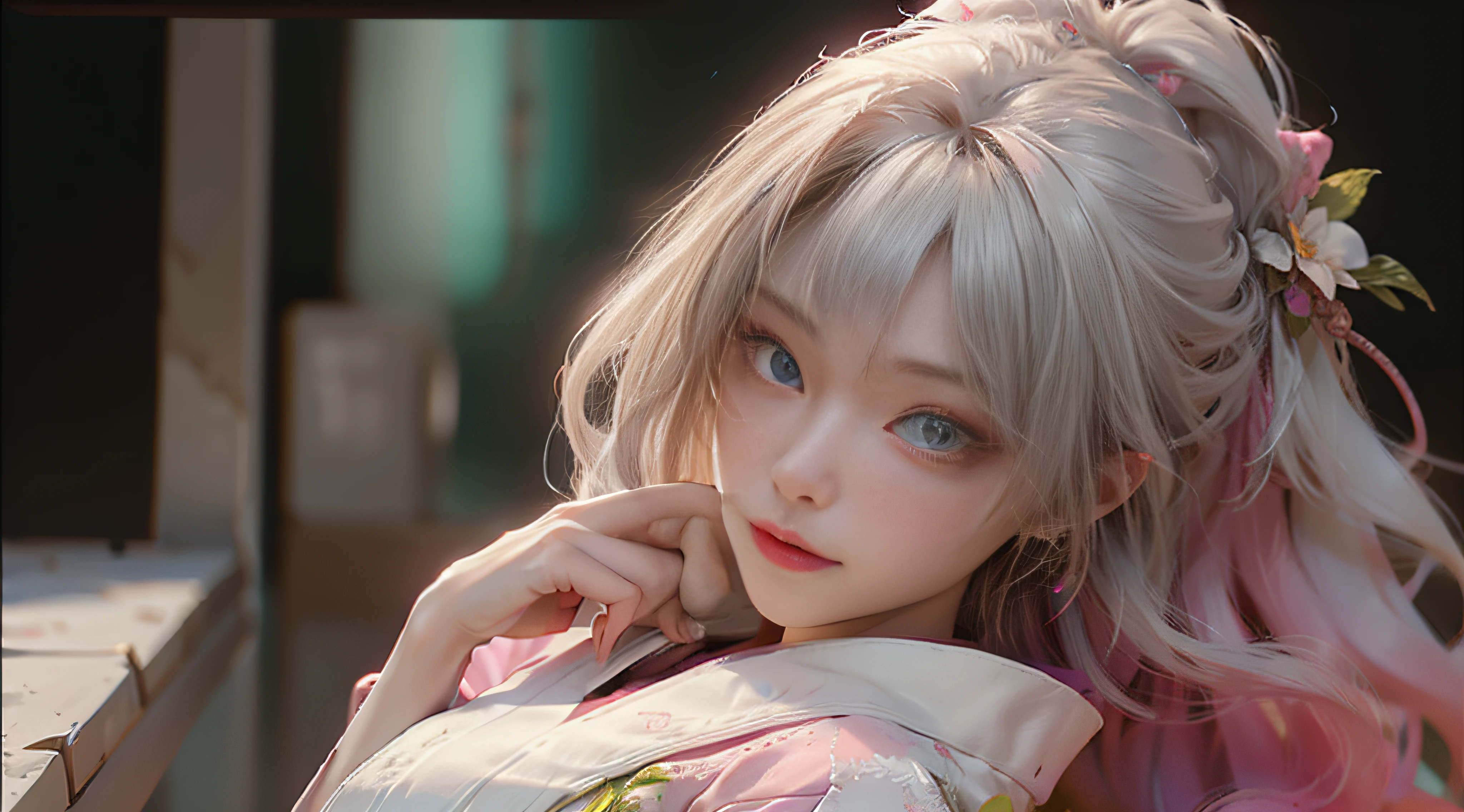 ((Best Quality)), ((Masterpiece)), (Detail: 1.4), 3D, Beautiful Cyberpunk Female Image, HDR (High Dynamic Range), Ray Tracing, NVIDIA RTX, Super Resolution, Unreal 5, Subsurface Scattering, PBR Texture, Post-Processing, Anisotropic Filtering, Depth of Field, Maximum Sharpness and Sharpness, Multi-layer Texture, Albedo and Highlight Mapping, Surface Coloring, Mitsu-Accurate Simulation of Material Interactions, Perfect Proportions, Octane Rendering, Two-color Light, Large Aperture, Low ISO, white balance, regular three-point, 8K RAW, beautiful bright pupils, flowing robe, fine pupils, delicate face and eyes, long eyelashes, blush, fluffy hair, pink lips, pure, cute