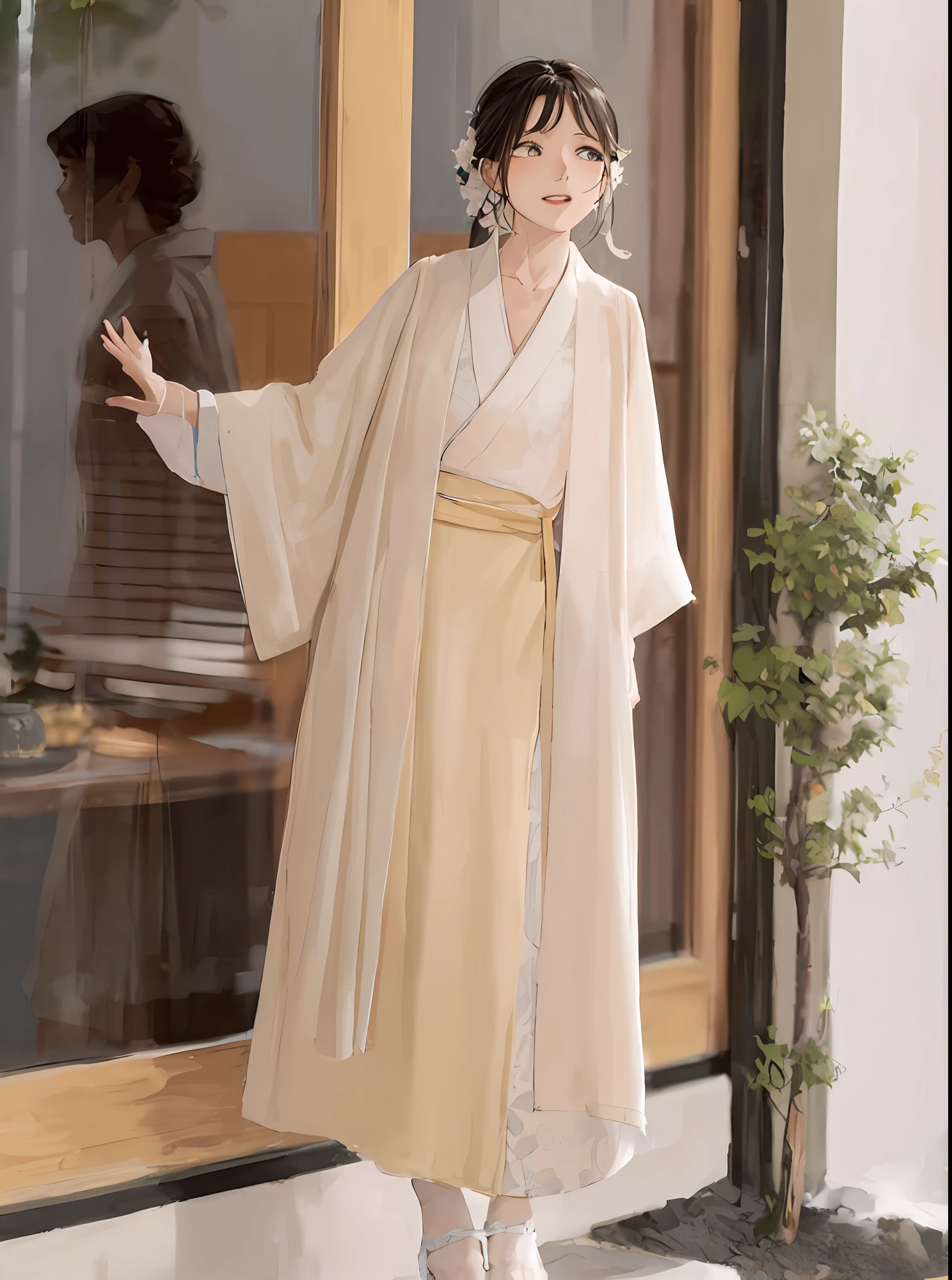 araffe woman in a white kimono standing outside of a building, white hanfu, wearing simple robes, wearing a long flowing robe, hanfu, pale and coloured kimono, flowing magical robe, wearing a simple robe, long beautiful flowing kimono, flowing robes, flowing robe, flowing hair and long robes, wearing flowing robes, japanese clothes, long flowing white robe