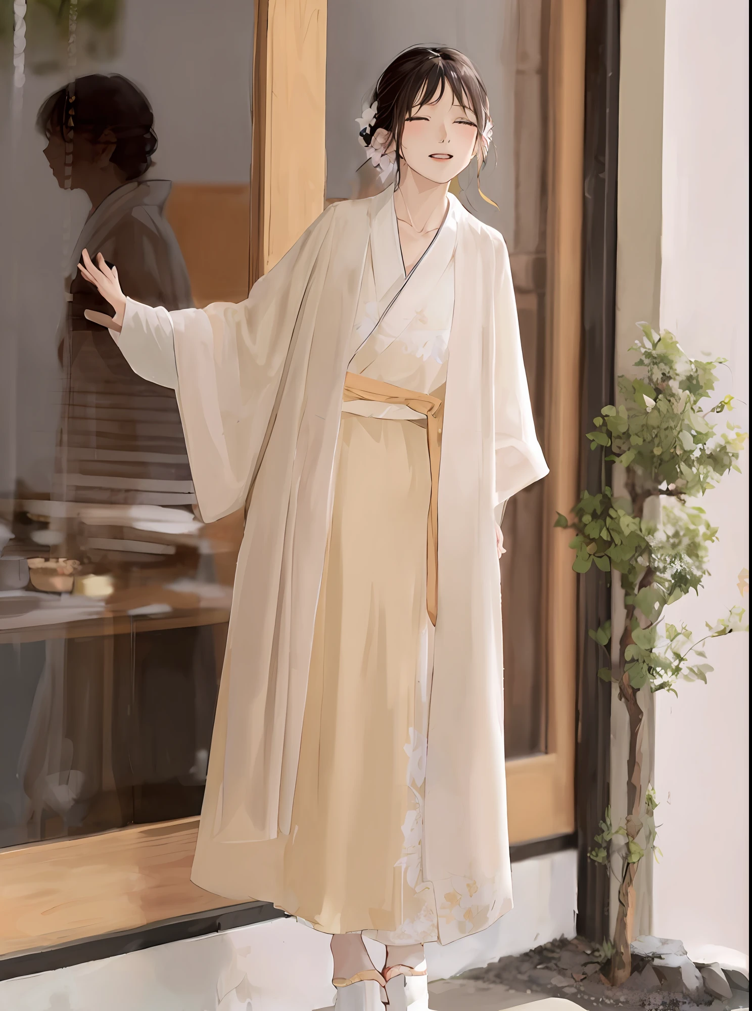 araffe woman in a white kimono standing outside of a building, white hanfu, wearing simple robes, wearing a long flowing robe, hanfu, pale and coloured kimono, flowing magical robe, wearing a simple robe, long beautiful flowing kimono, flowing robes, flowing robe, flowing hair and long robes, wearing flowing robes, japanese clothes, long flowing white robe