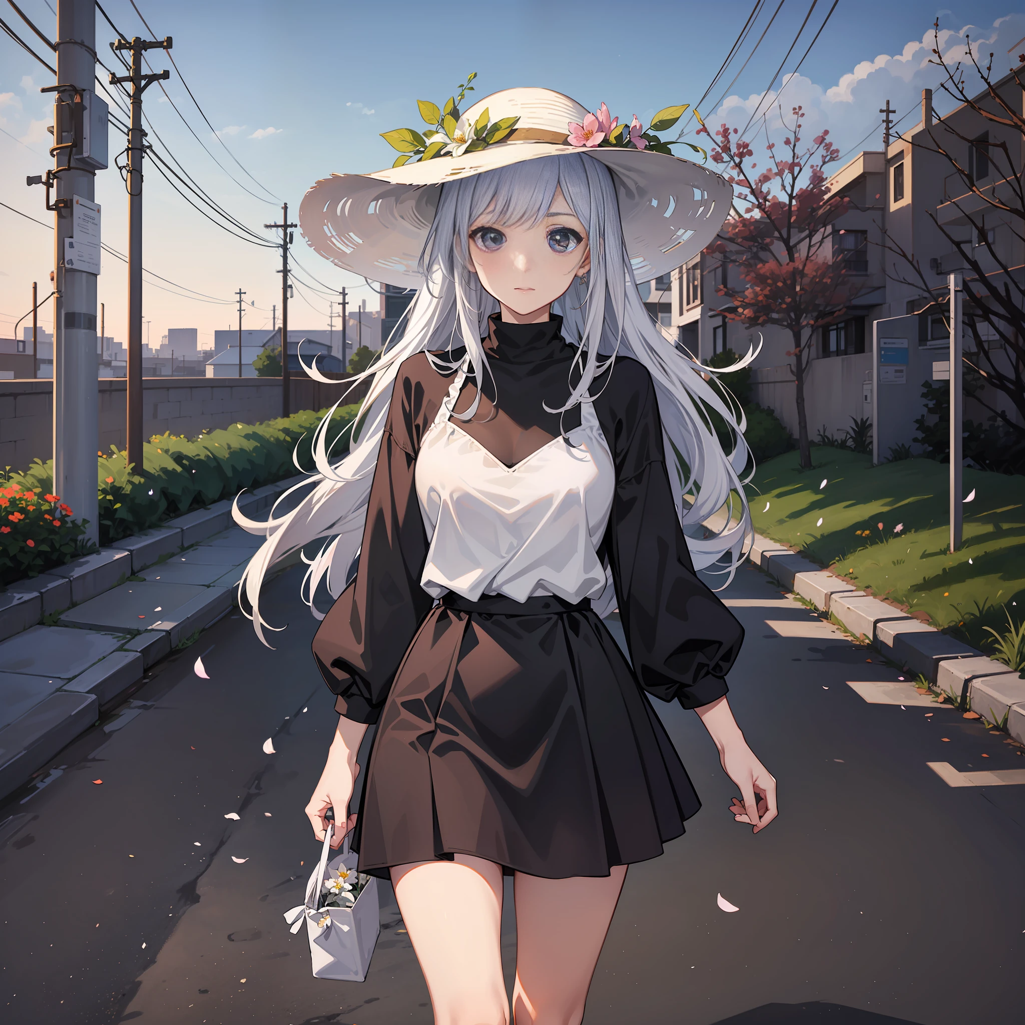 Two-dimensional modern style, silver-haired girl, delicate face, black casual clothes, fusion of cold and warm, with a touch of tenderness, wearing a sun hat, carrying a flower basket, walking alone in the empty landscape, her beautiful figure appears under the wide-angle lens. I hope to feel a gentle style added to the cold, and it must have a shocking masterpiece-quality effect like 8K anime wallpaper.