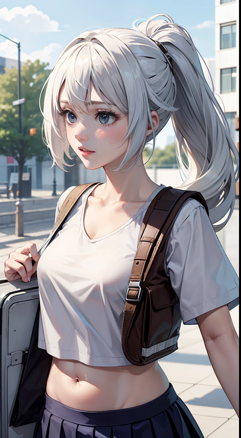 A girl, (adult female: 1.21), white short sleeves, with a white helmet, (collarbone: 1.1), (white vest: 1.11), (belly button), (white long hair: 1.1), ponytail, black eyes, Pleated skirts, skirts, busts, dove circles, carrier pigeons, cat helmets, Band-Aids, wounds, busts,