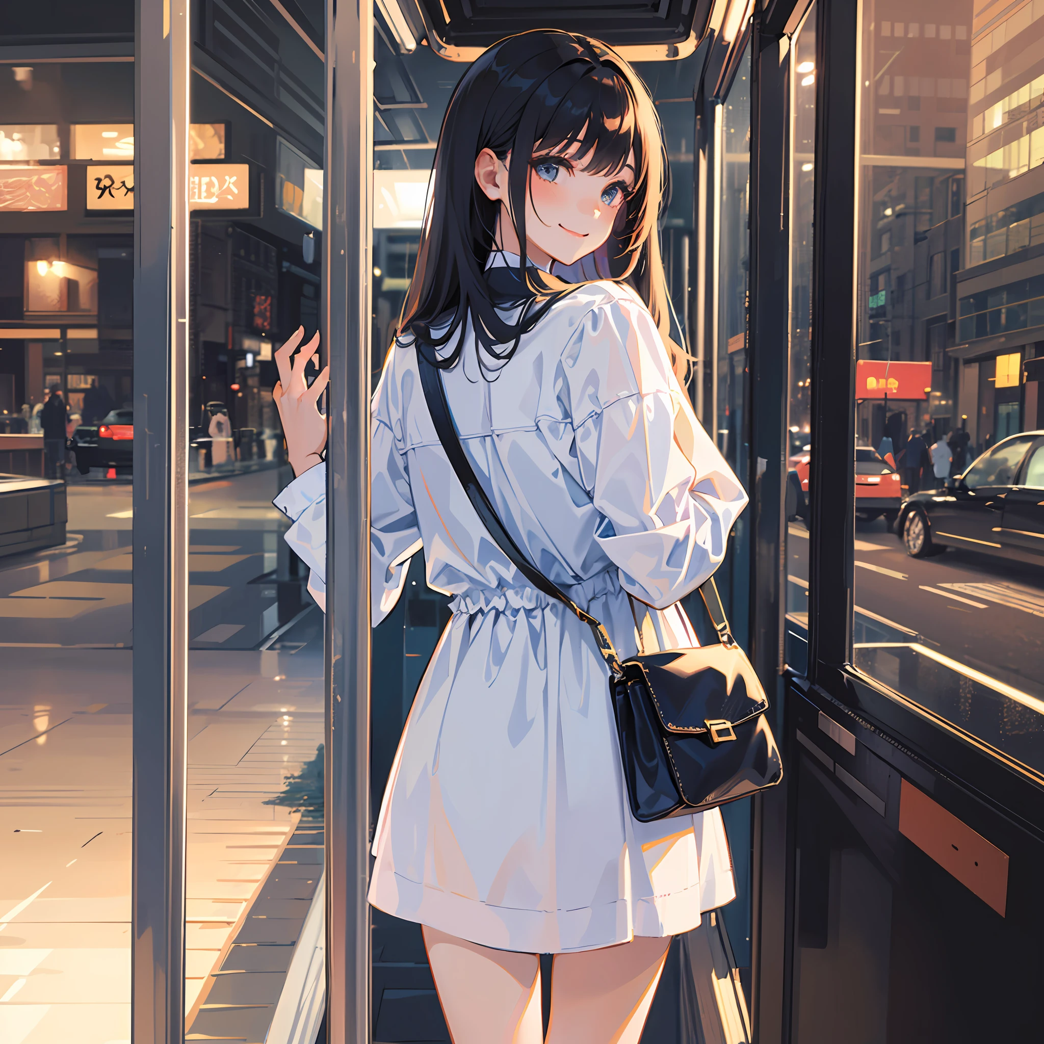 A girl, light blue shirt dress, (white cross-body bag: 1.4), long black hair, bangs, smiling happily, (on the bus at night: 1.4), deserted, no one