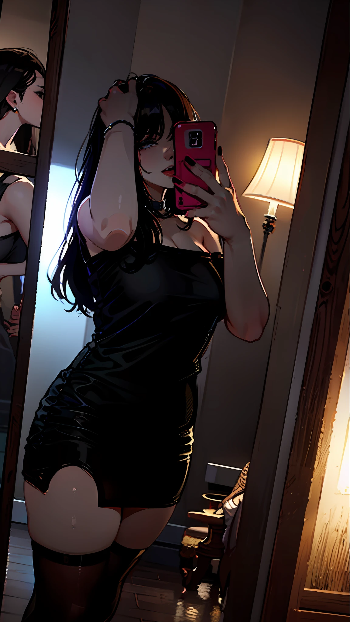 There is a woman taking a selfie in a mirror, 30 years old, short black dress, long black hair, white