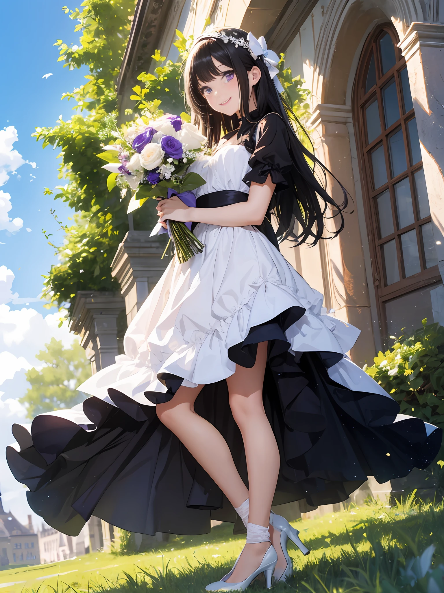 girl, black hair, long hair, purple eyes, beautiful eyes, smiling, happy, white dress, bouquet, posing, full body, on grass, blue sky