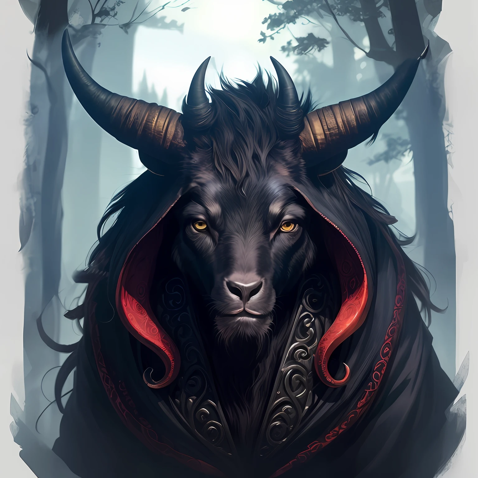 Huge curly horns, horns coiled on the sides of the head, oppressive horns, black horns, a pair of horns