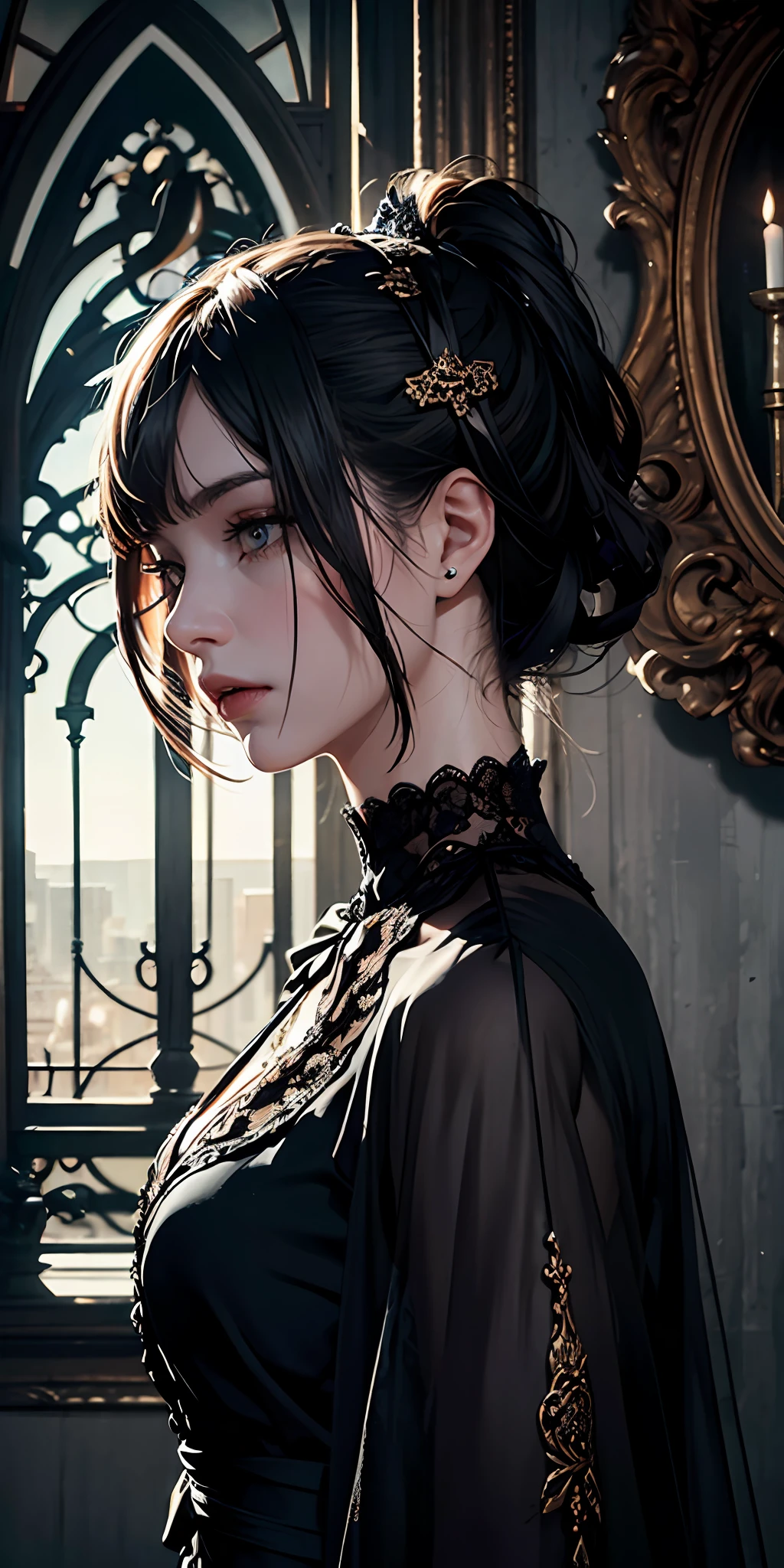 (Fidelity: 1.5), Official Art, Unity 8k Wallpaper, Ultra Detailed, Beautiful, Beautiful, Masterpiece, Best Quality,
darkness, atmosphere, mystery, romanticism, creepy, literature, art, fashion, victorian, decoration, intricate, ironwork, melancholy, lace, contemplation, emotional depth, supernatural,
1 girl, solo, neck, bust composition, fantasy, blues