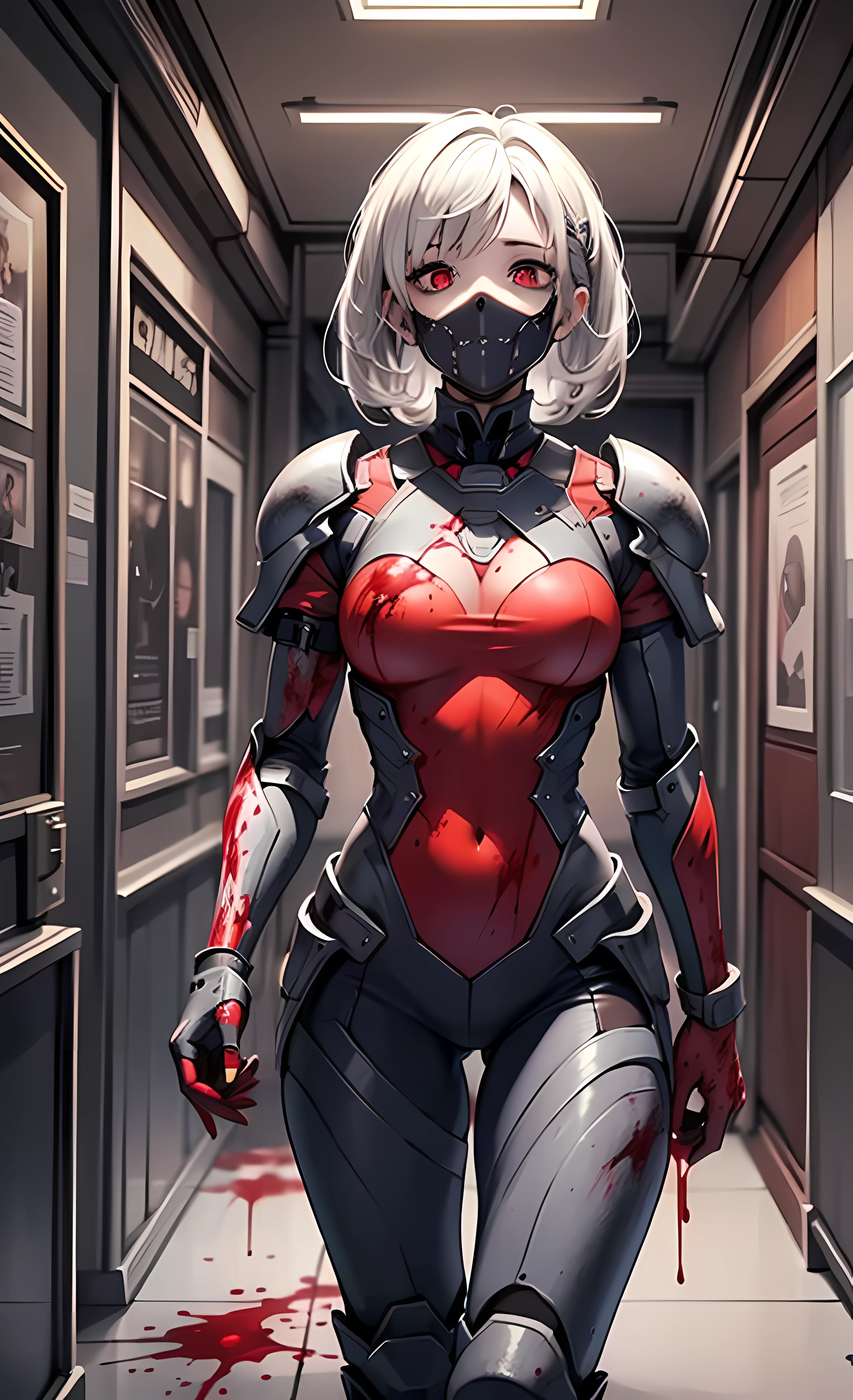 (Masterpiece), (wearing biofusion armor), (stump severed arm), upper body poster, super detailed facial expressions, ultra-clear face, such as crystal version of beautiful eyes, holding a pistol, behind the slain monster, best quality, 1 girl, pale skin, blue-white hair, tied up hair, red eyes, glowing eyes, creepy, blood on face, blood on clothes, walking, falling, hanging arm, loose arm, mental hospital, corridor, darkness, lighting, creepy, scary, twinkling lights, blood, horror, dim light,