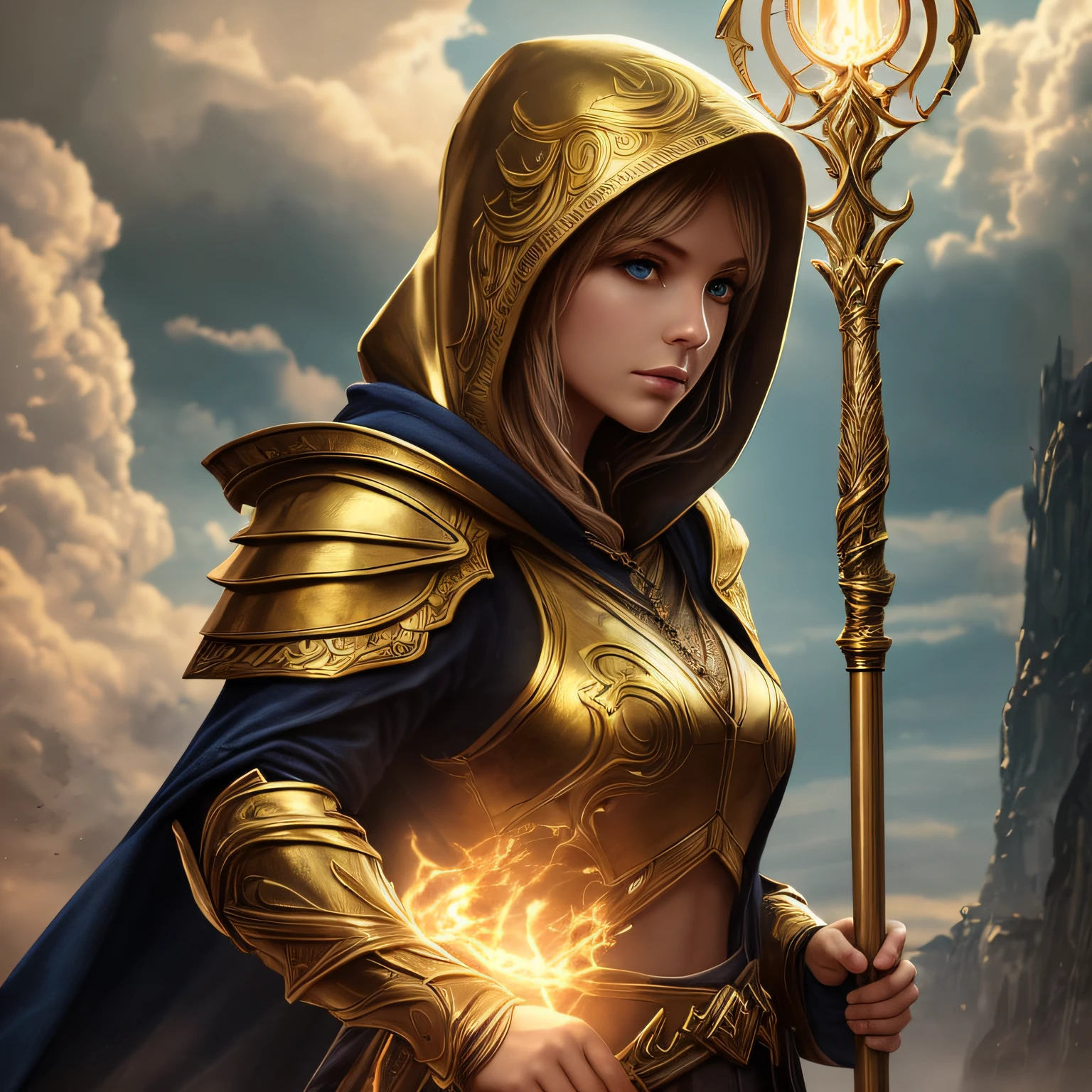 a close up of a woman in armor with a green glowing wooden staff , gold hooded robe. dramatic, stunning robe with rune details, golden robe, detailed fantasy clothes, beautiful wizards robe, gold robe, fantasy style, fantasy sorceress in hooded robe, sleek hooded robe, very stylish fantasy robe, black and gold robe, light atmospehre, clouds and sparkson background, sunny atmosphere, full character shot