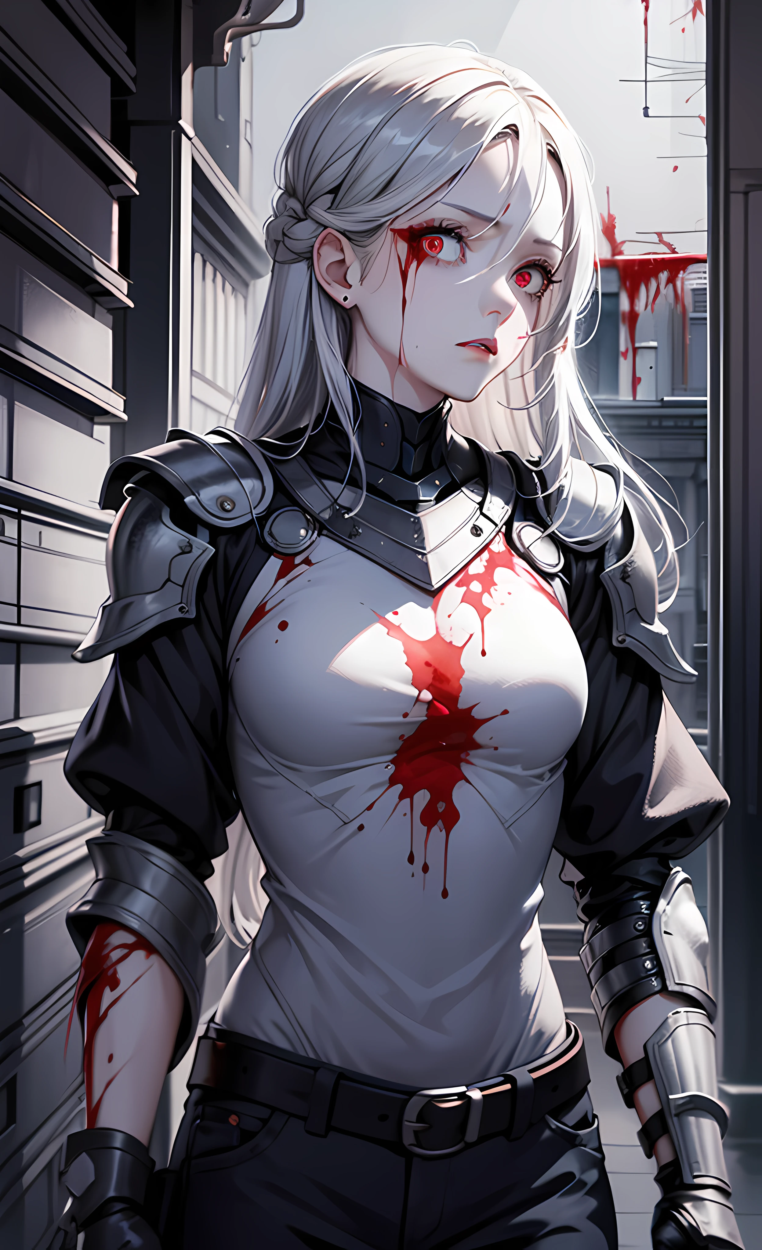 (Masterpiece), (wearing biofusion armor), (stump severed arm), upper body poster, super detailed facial expressions, ultra-clear face, such as crystal version of beautiful eyes, holding a pistol, behind the slain monster, best quality, 1 girl, pale skin, blue-white hair, tied up hair, red eyes, glowing eyes, creepy, blood on face, blood on clothes, walking, falling, hanging arm, loose arm, mental hospital, corridor, darkness, lighting, creepy, scary, twinkling lights, blood, horror, dim light,
