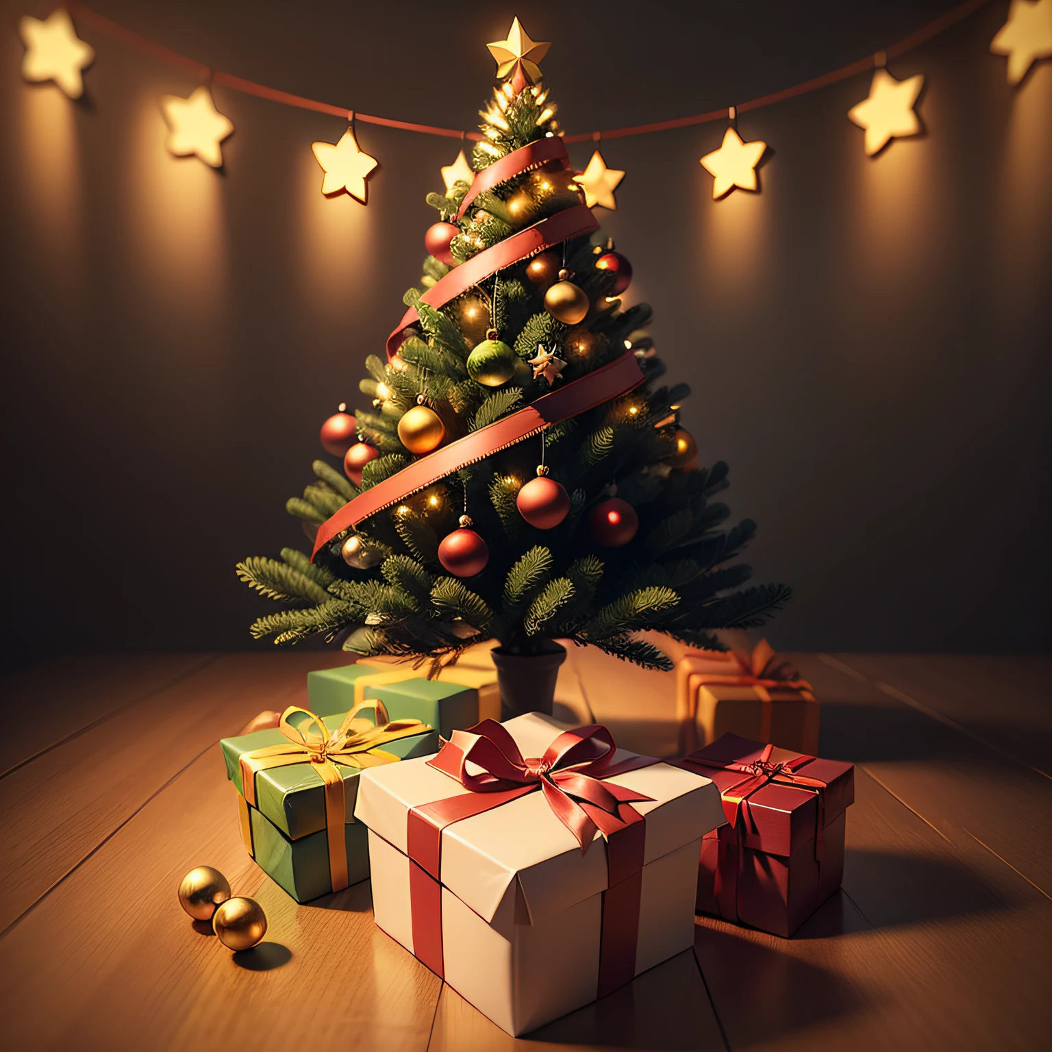 Vector art, Christmas tree with gifts completely in the center, fairytale Christmas tree, warm colors, sparkles, festive atmosphere, flat drawing, 2D, 4K, many details --auto