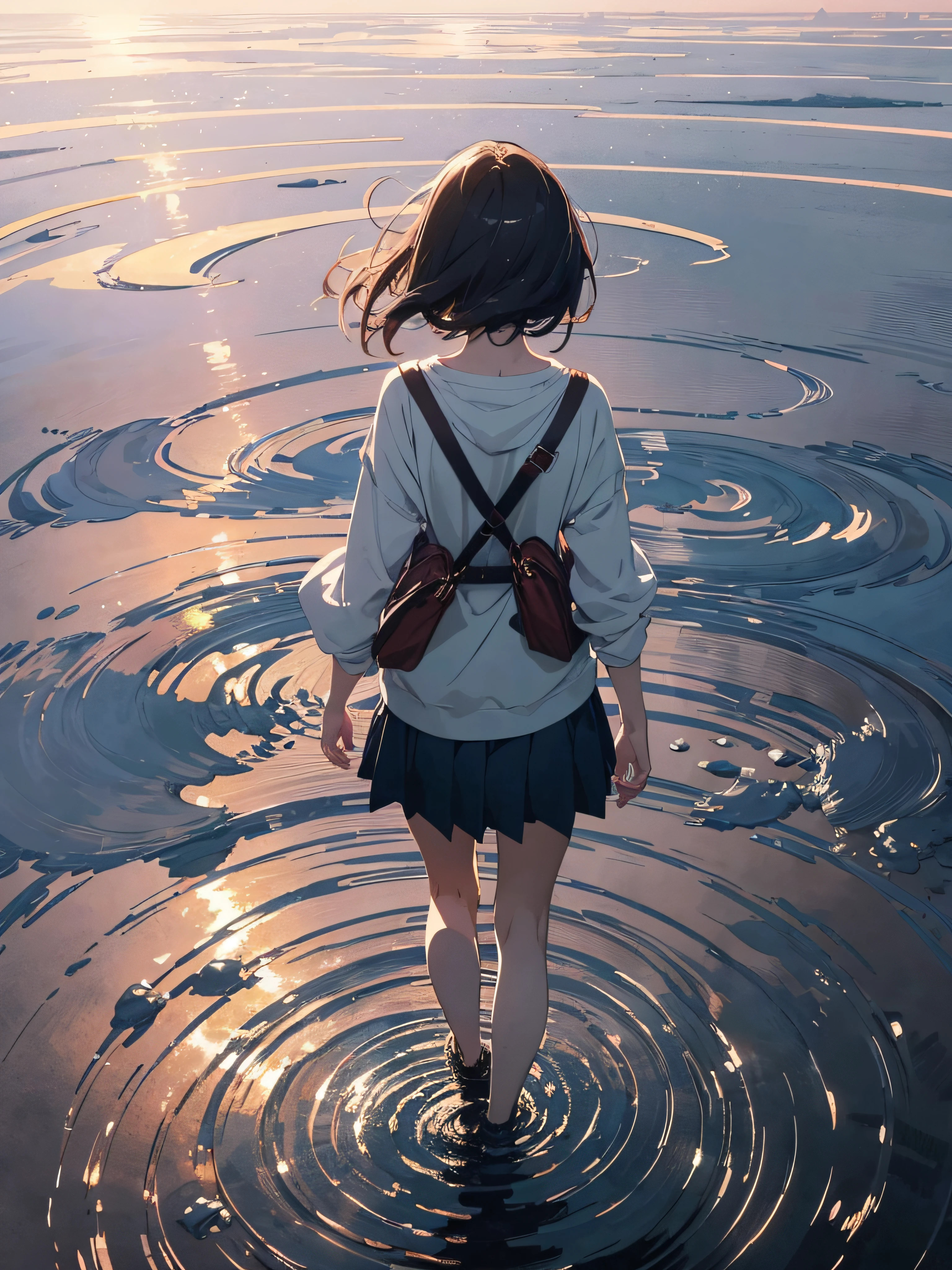 ((masterpiece)), best quality, anime art wallpaper 8 k, anime girl walking on water, ripples, backdrop of dawn, saturn in the background, illustration, concept art, anime, key visual, trending pixiv fanbox by wlop and greg rutkowski and makoto shinkai and mamoru hosada and studio ghibli