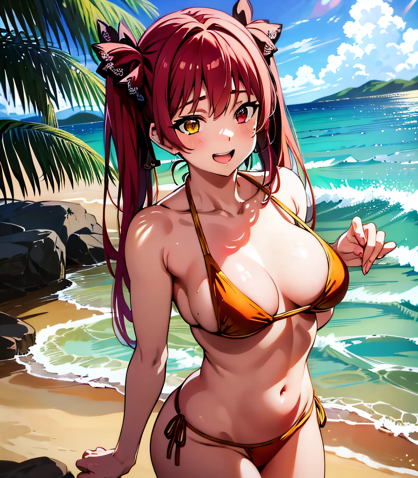 masterpiece, best quality, absurdres, perfect antomy, houshouBase, 1girl, solo, heterochromia, red eyes, yellow eyes, twintails, long hair, hair ribbon, large breasts, standing, smile, outdoor, sea, beach, full body, micro bikini, thong, g-string,Thong swimsuit, side-tie bikini bottom, cowboy shots, smile, open mouth, embarrassed,