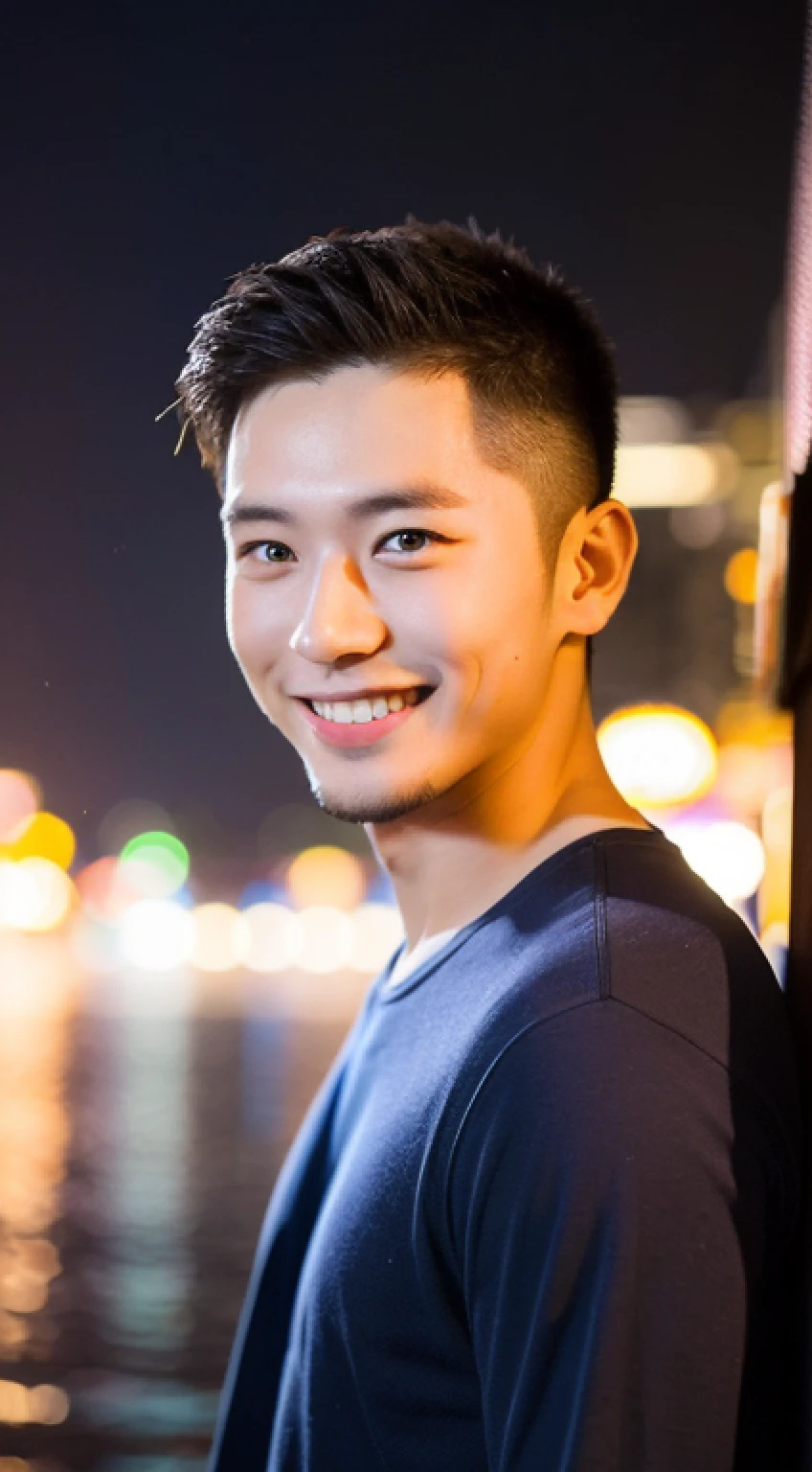 Man about 25 years old, smiling, sharp focus, whole body (1.5), summer, fireworks