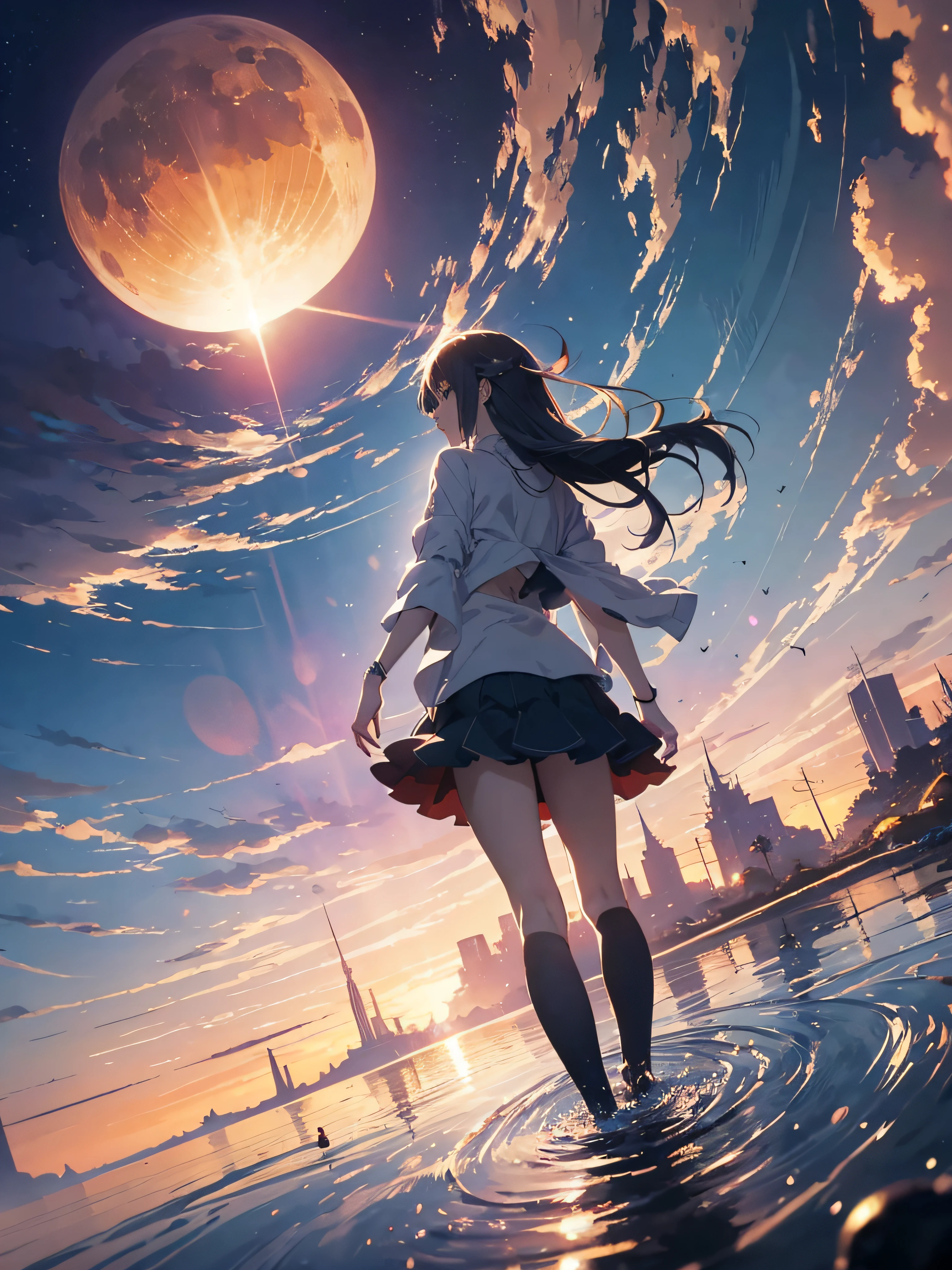 ((masterpiece)), best quality, anime art wallpaper 8 k, anime girl walking on water, ripples, backdrop of dawn, saturn in the background, illustration, concept art, anime, key visual, trending pixiv fanbox by wlop and greg rutkowski and makoto shinkai and mamoru hosada and studio ghibli