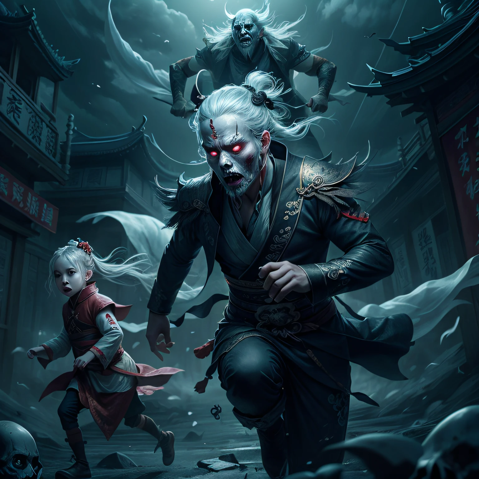 There is a poster that says Chinese Yin Yang Messenger A Girl Chasing Boy Dark Horror Funny Chinese Ghost Festival Undead Chinese Style Dark Series --auto