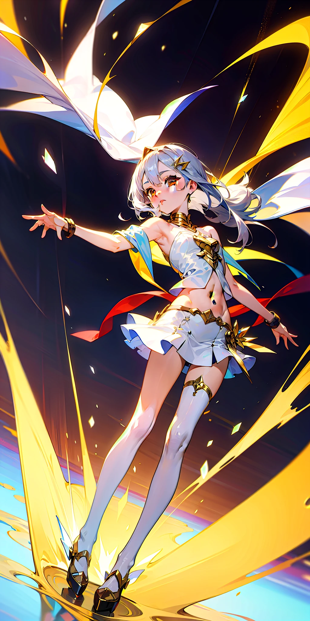 Correct limbs, dynamic viewing angle, (bright background), Surrealism, 8k, super detail, UHDprojected inset, (highest quality), rich details, 1girl, girly, cute, ((silver hair)), two-dimensional, long shawl hair, (golden eyes), red hairpin, sleeveless, off-the-shoulder, (navel), miniskirt, white stockings, light clothing, floating gold crystal